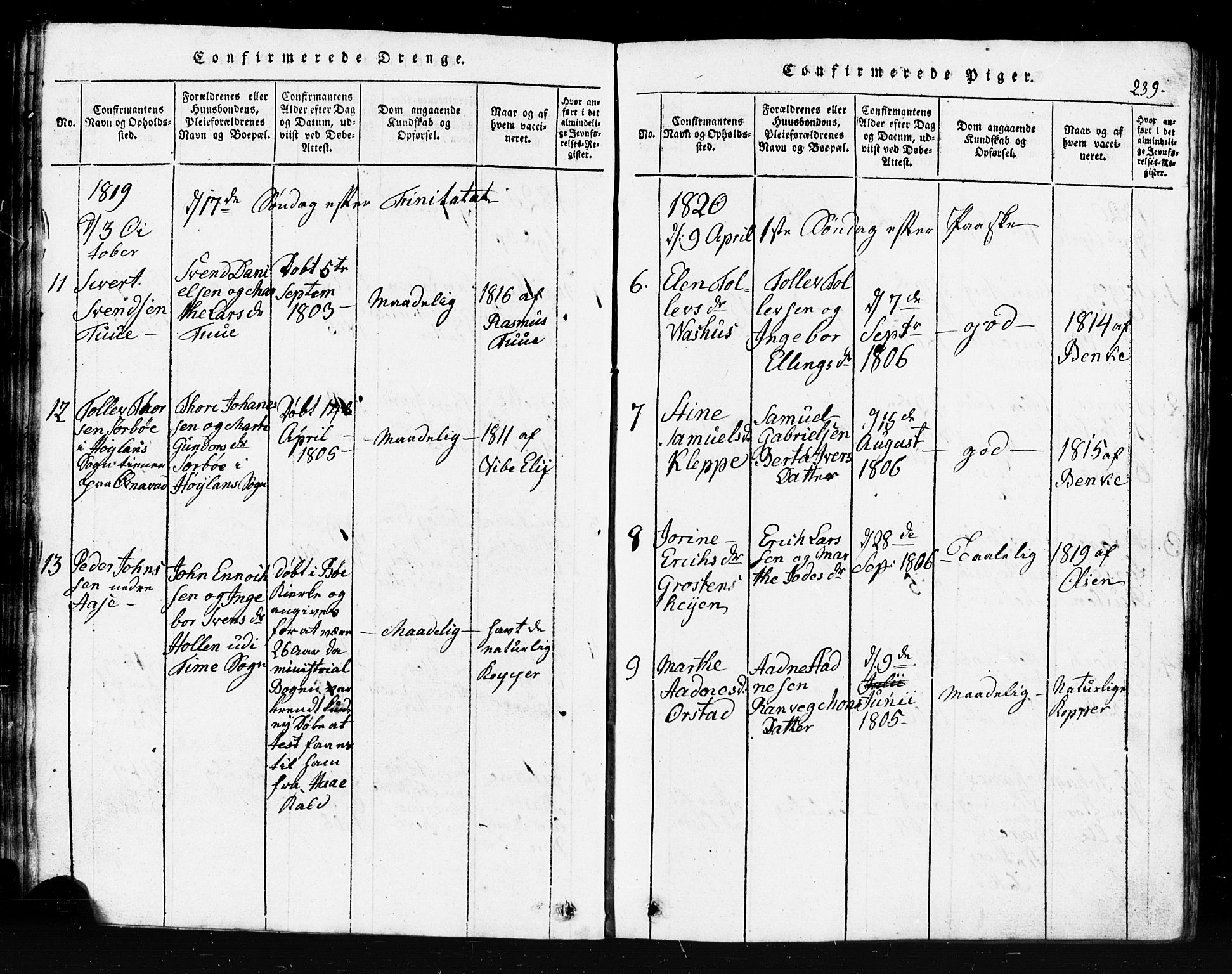 Klepp sokneprestkontor, SAST/A-101803/001/3/30BB/L0001: Parish register (copy) no.  B 1, 1816-1859, p. 239