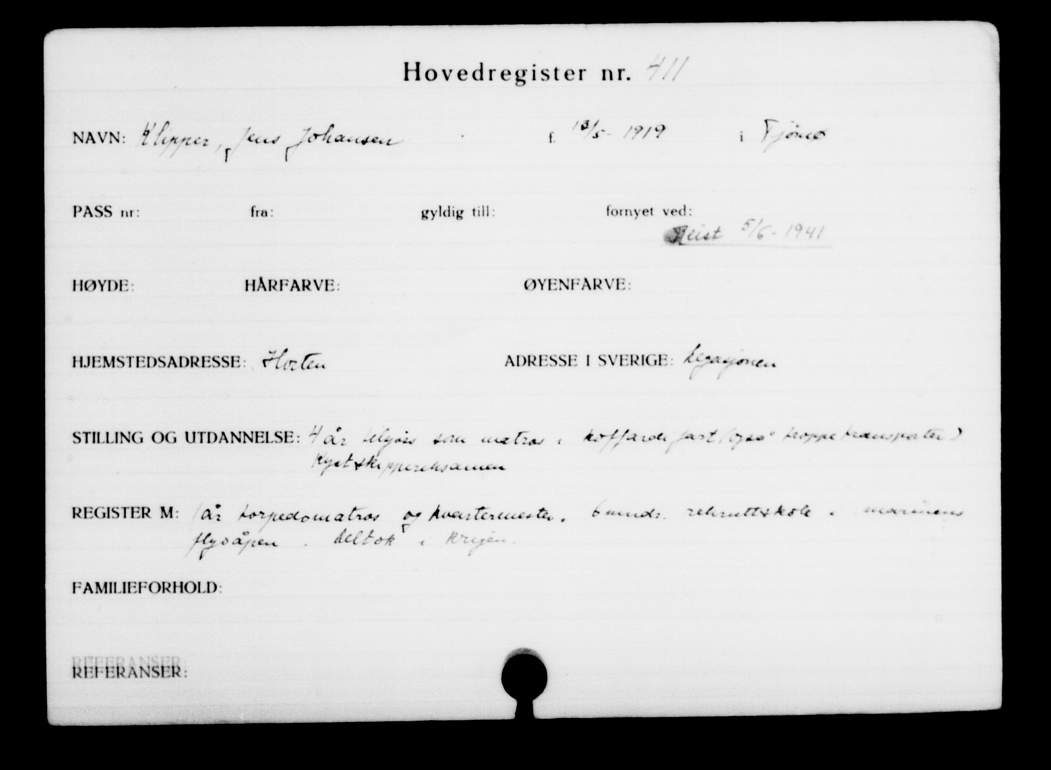 Den Kgl. Norske Legasjons Flyktningskontor, RA/S-6753/V/Va/L0001: Kjesäterkartoteket. Flyktningenr. 1-1000, 1940-1945, p. 644