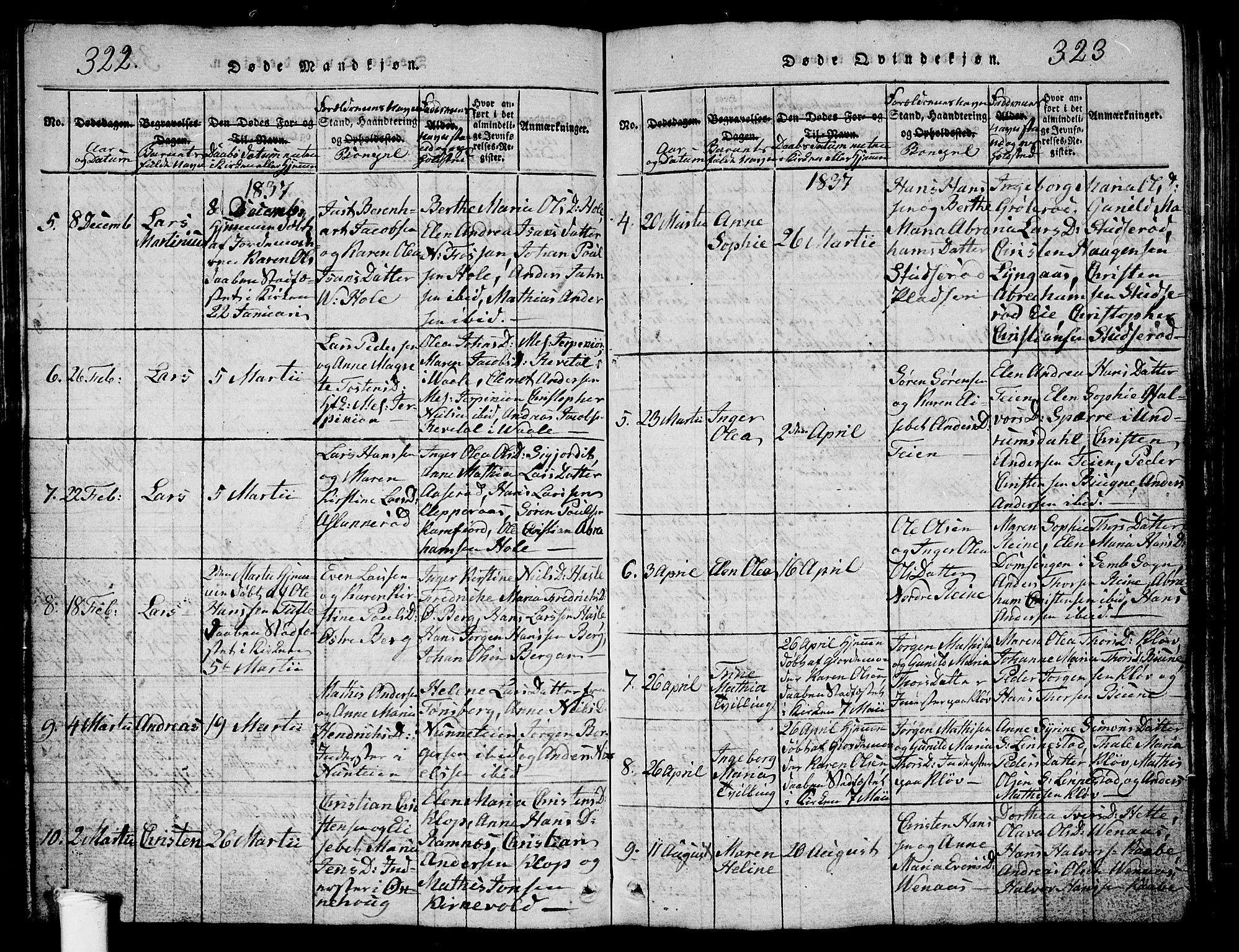 Ramnes kirkebøker, SAKO/A-314/G/Ga/L0001: Parish register (copy) no. I 1, 1813-1847, p. 322-323