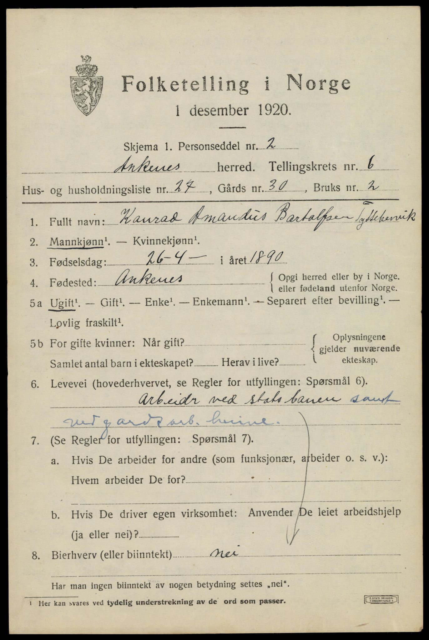 SAT, 1920 census for Ankenes, 1920, p. 3695