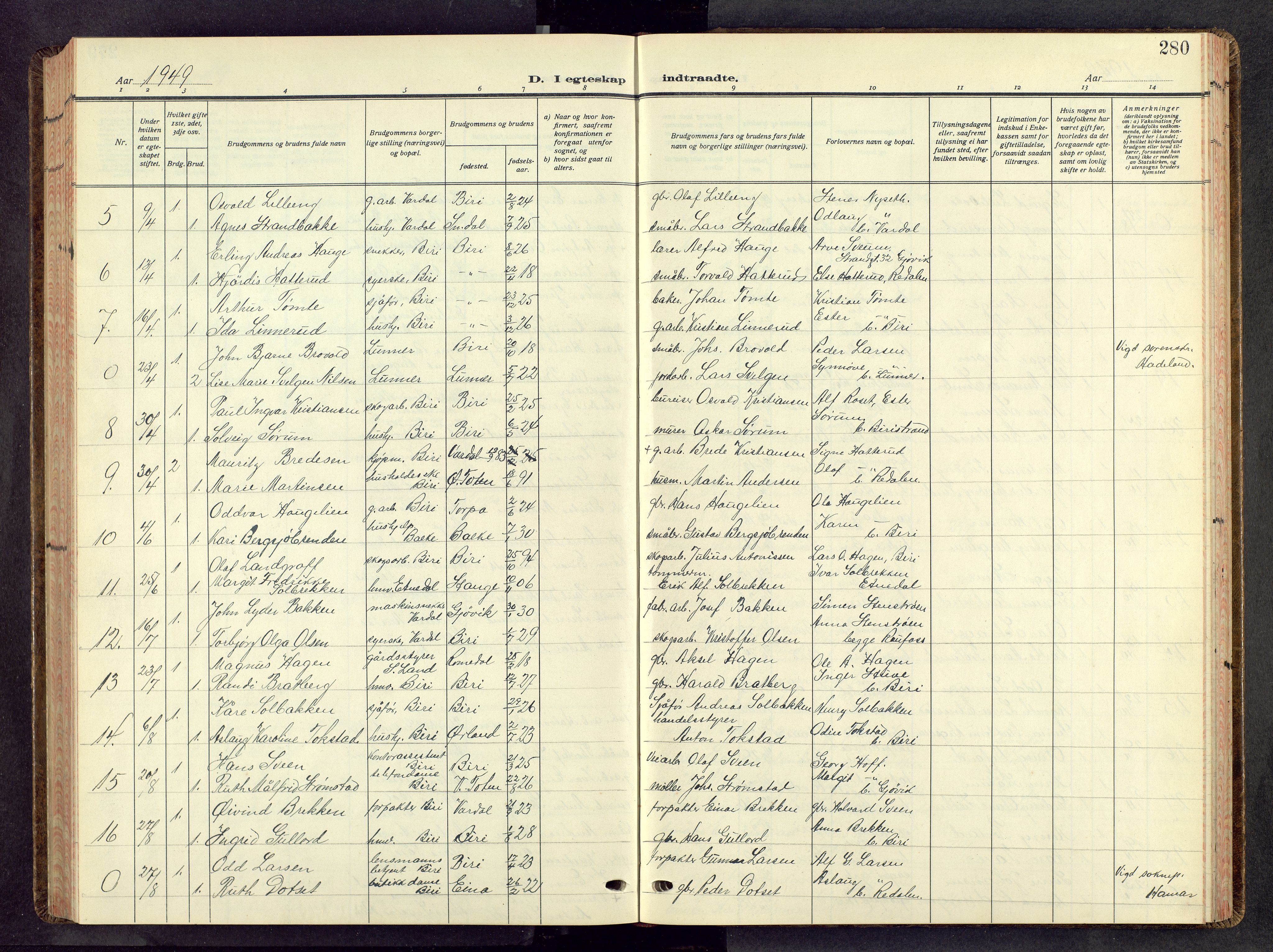 Biri prestekontor, SAH/PREST-096/H/Ha/Hab/L0008: Parish register (copy) no. 8, 1939-1962, p. 280