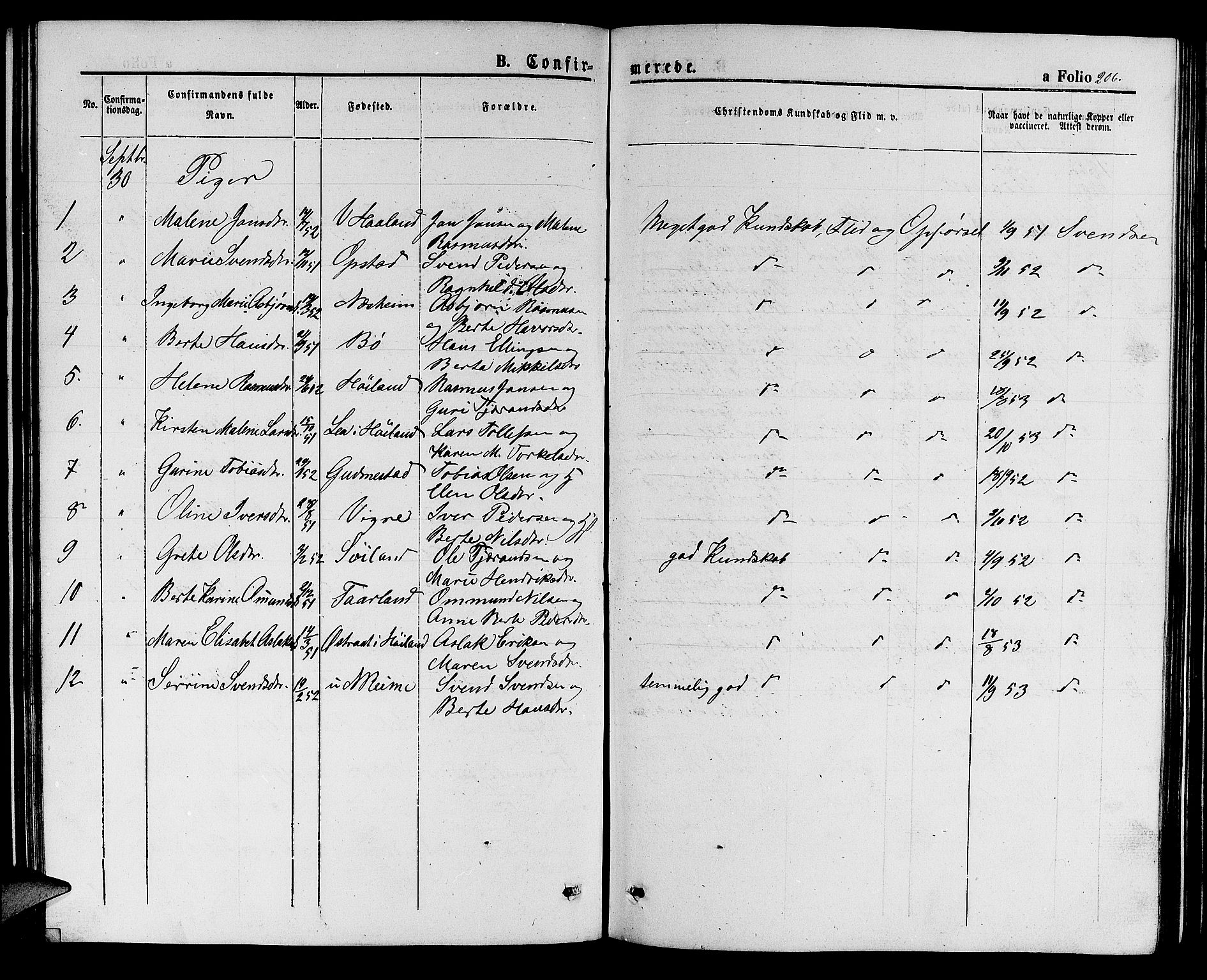 Hå sokneprestkontor, AV/SAST-A-101801/001/30BB/L0001: Parish register (copy) no. B 1, 1854-1883, p. 206