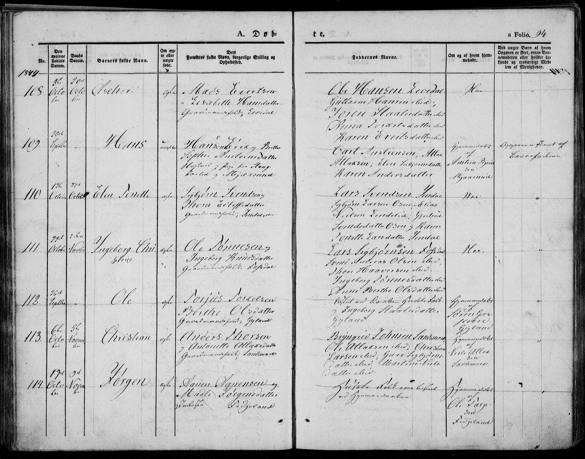 Bakke sokneprestkontor, AV/SAK-1111-0002/F/Fa/Faa/L0004: Parish register (official) no. A 4, 1834-1846, p. 94