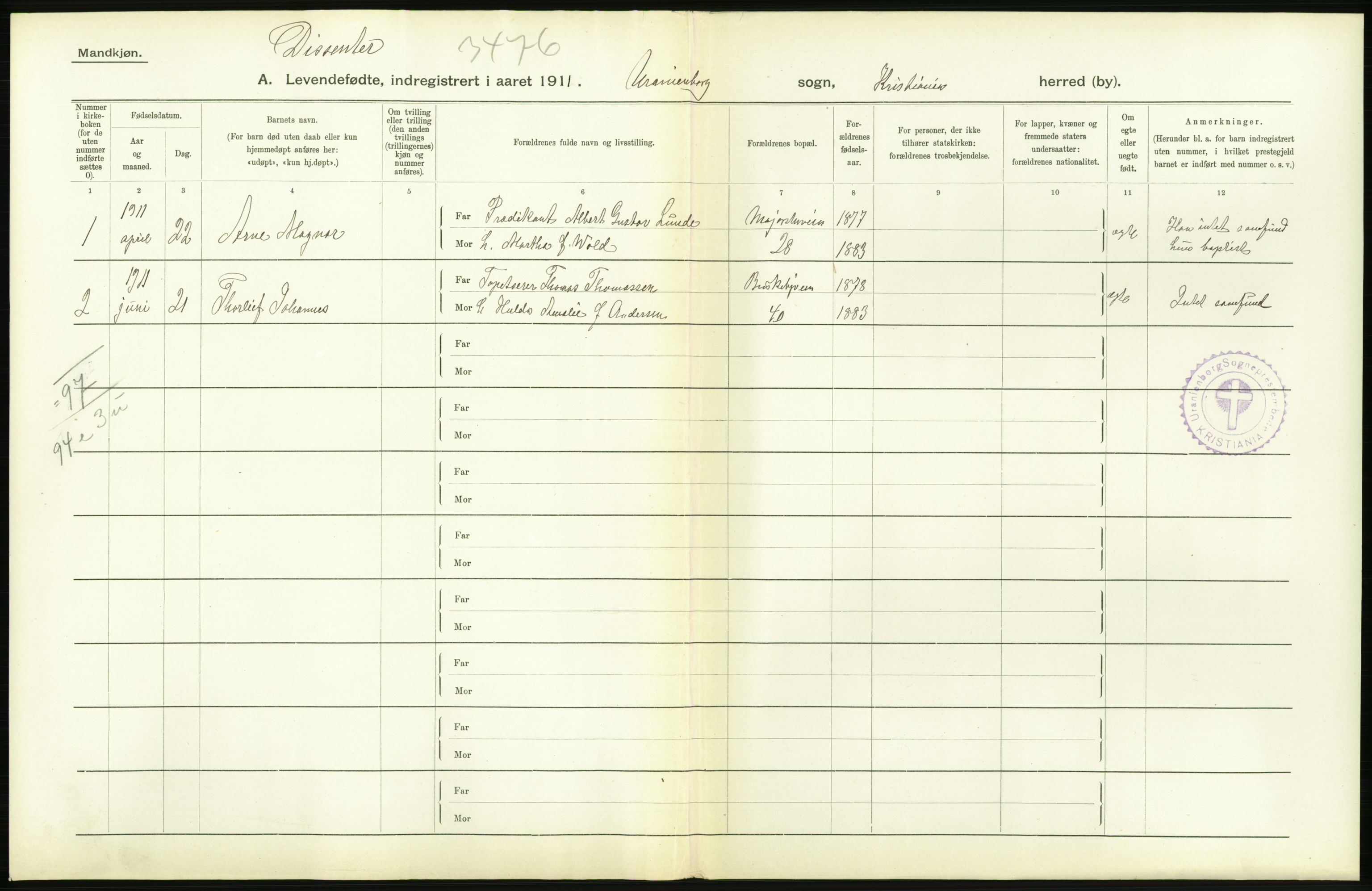 Statistisk sentralbyrå, Sosiodemografiske emner, Befolkning, AV/RA-S-2228/D/Df/Dfb/Dfba/L0006: Kristiania: Levendefødte menn., 1911, p. 72