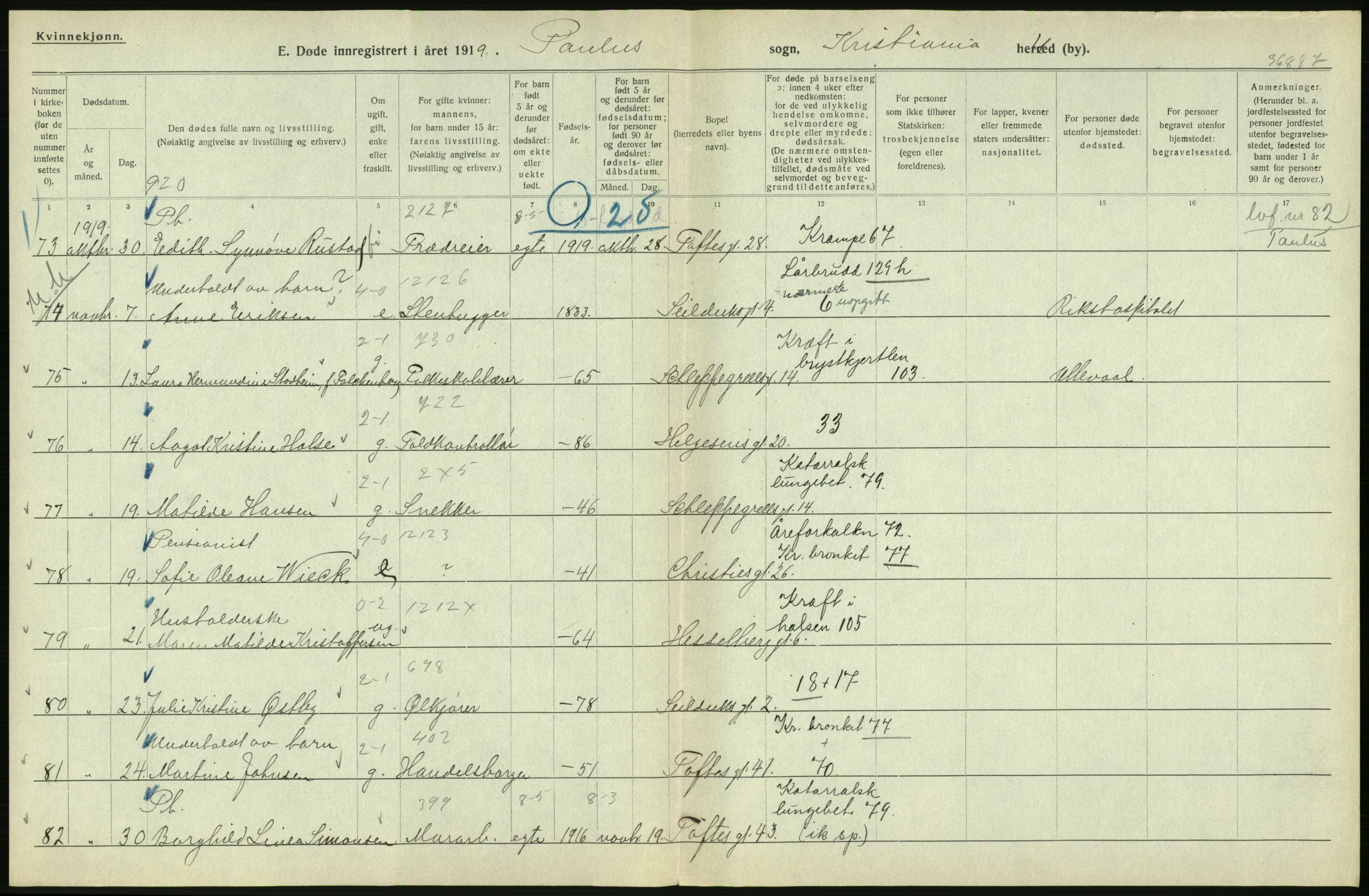 Statistisk sentralbyrå, Sosiodemografiske emner, Befolkning, AV/RA-S-2228/D/Df/Dfb/Dfbi/L0010: Kristiania: Døde, 1919, p. 616