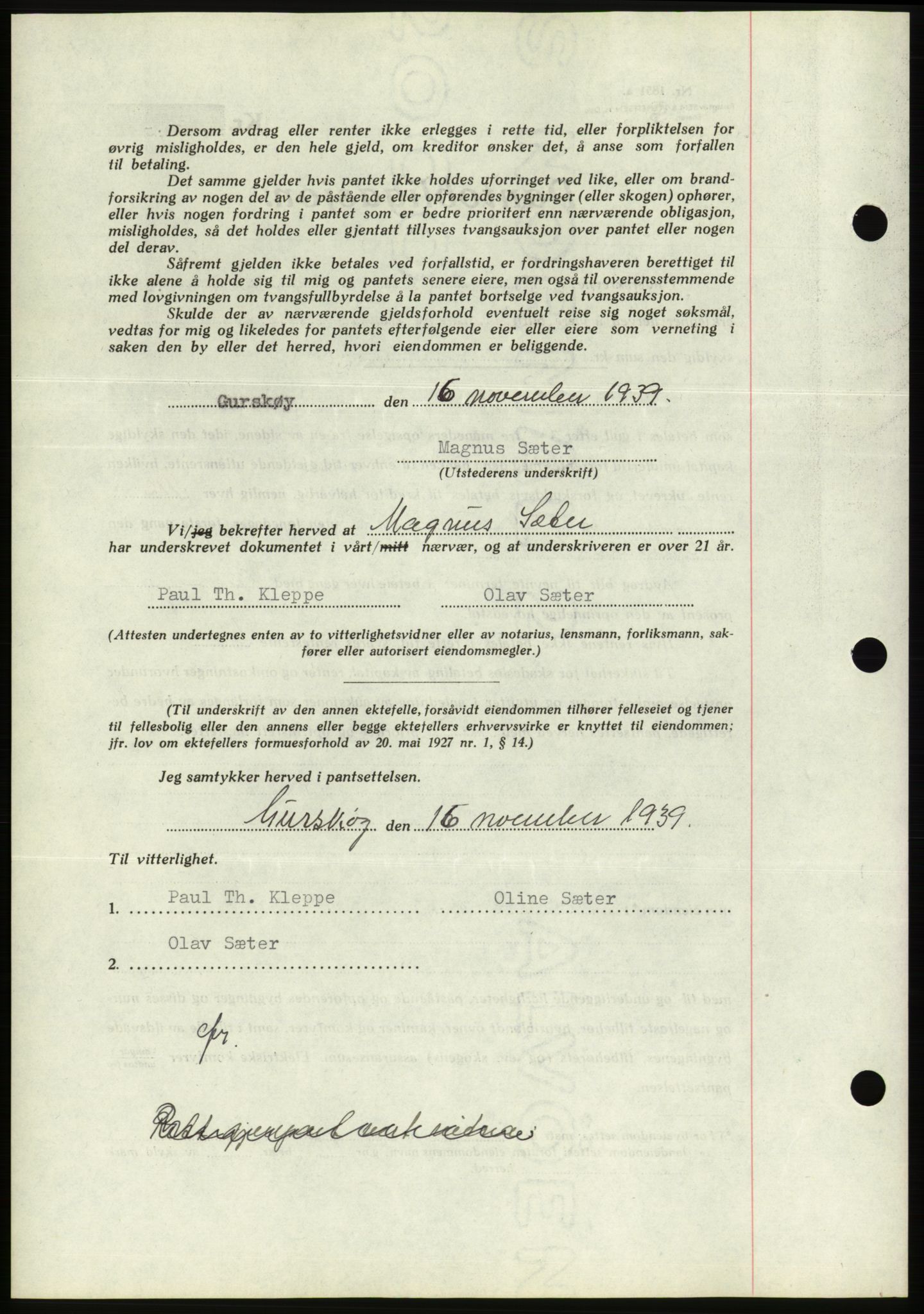 Søre Sunnmøre sorenskriveri, AV/SAT-A-4122/1/2/2C/L0069: Mortgage book no. 63, 1939-1940, Diary no: : 1694/1939