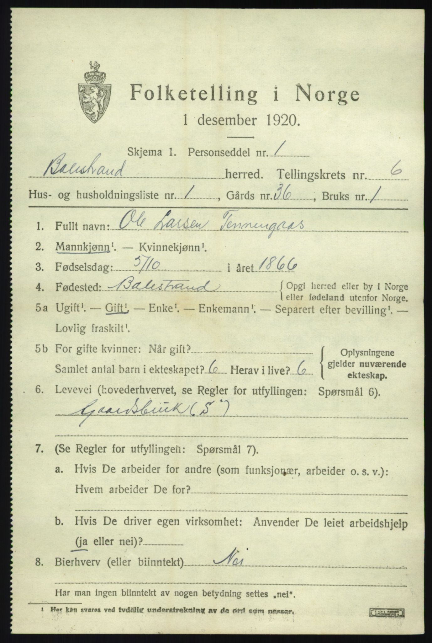 SAB, 1920 census for Balestrand, 1920, p. 2858