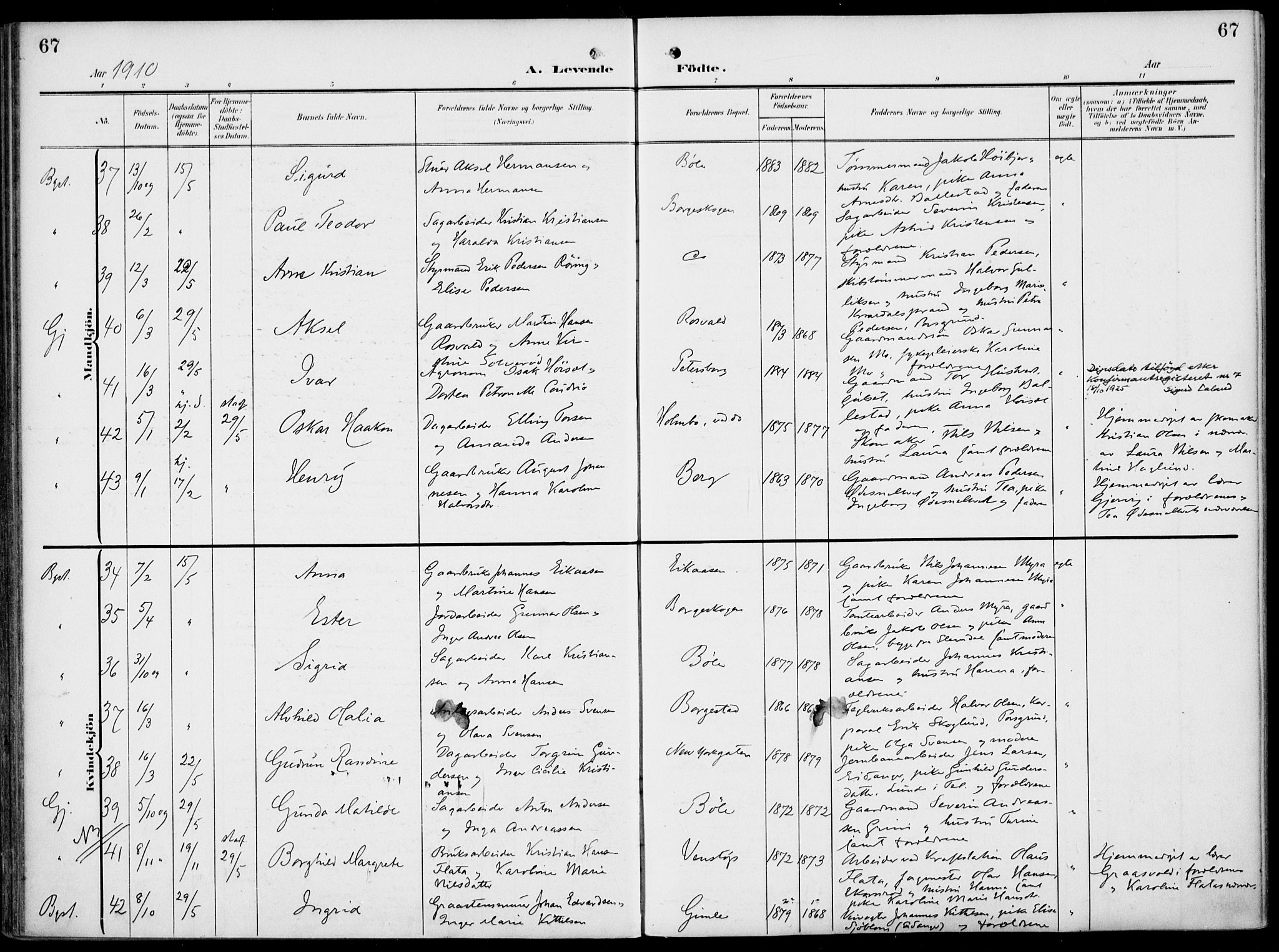 Gjerpen kirkebøker, AV/SAKO-A-265/F/Fa/L0012: Parish register (official) no. I 12, 1905-1913, p. 67