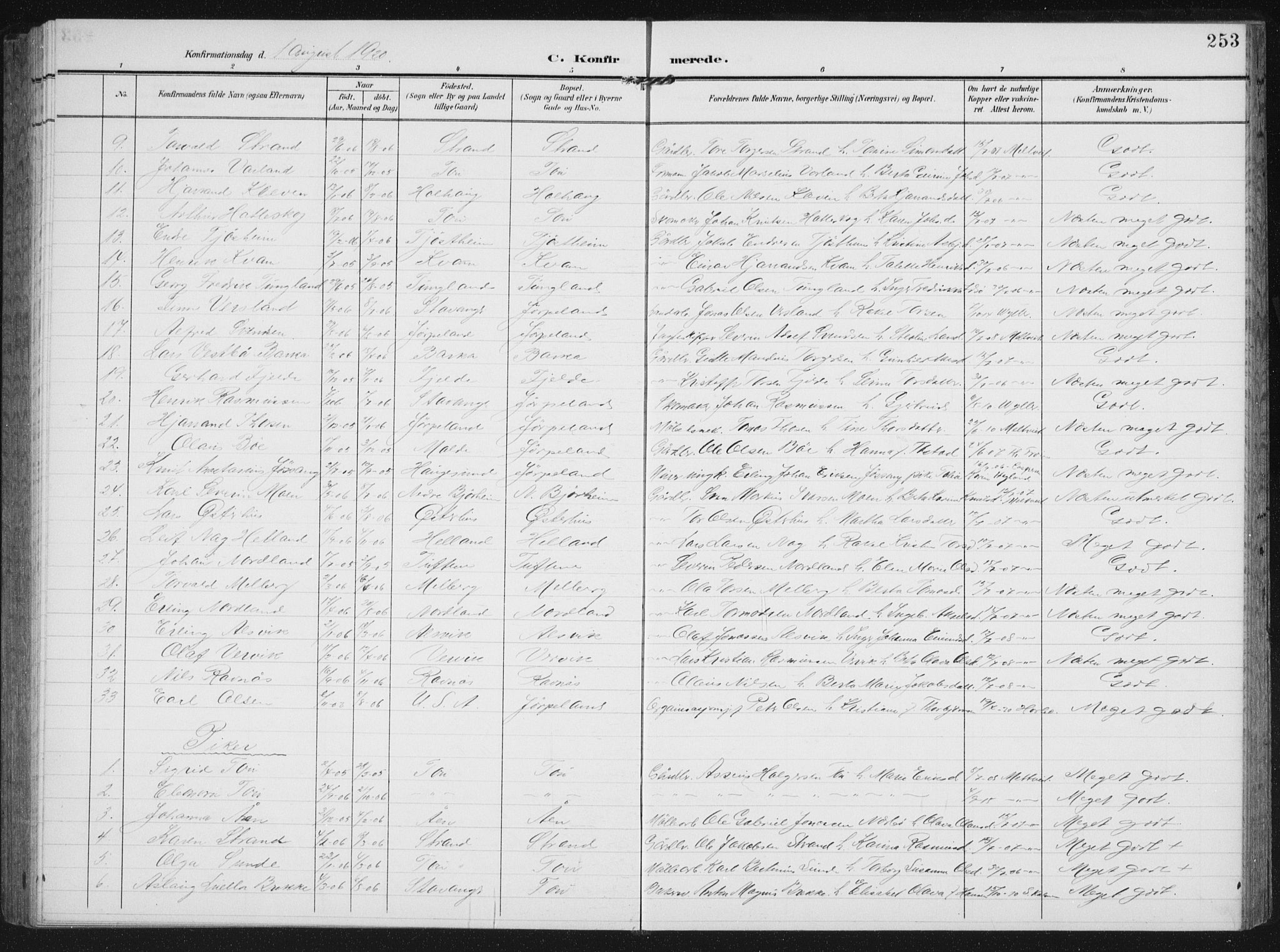 Strand sokneprestkontor, AV/SAST-A-101828/H/Ha/Hab/L0005: Parish register (copy) no. B 5, 1904-1934, p. 253