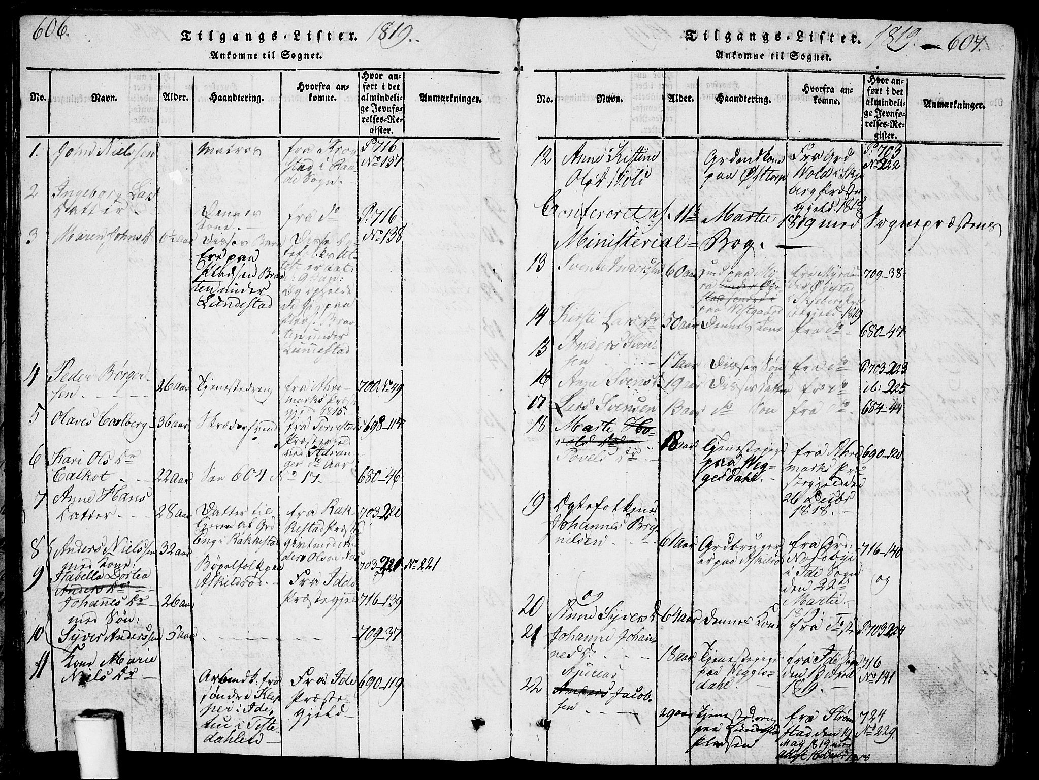 Berg prestekontor Kirkebøker, AV/SAO-A-10902/G/Ga/L0001: Parish register (copy) no. I 1, 1815-1832, p. 606-607