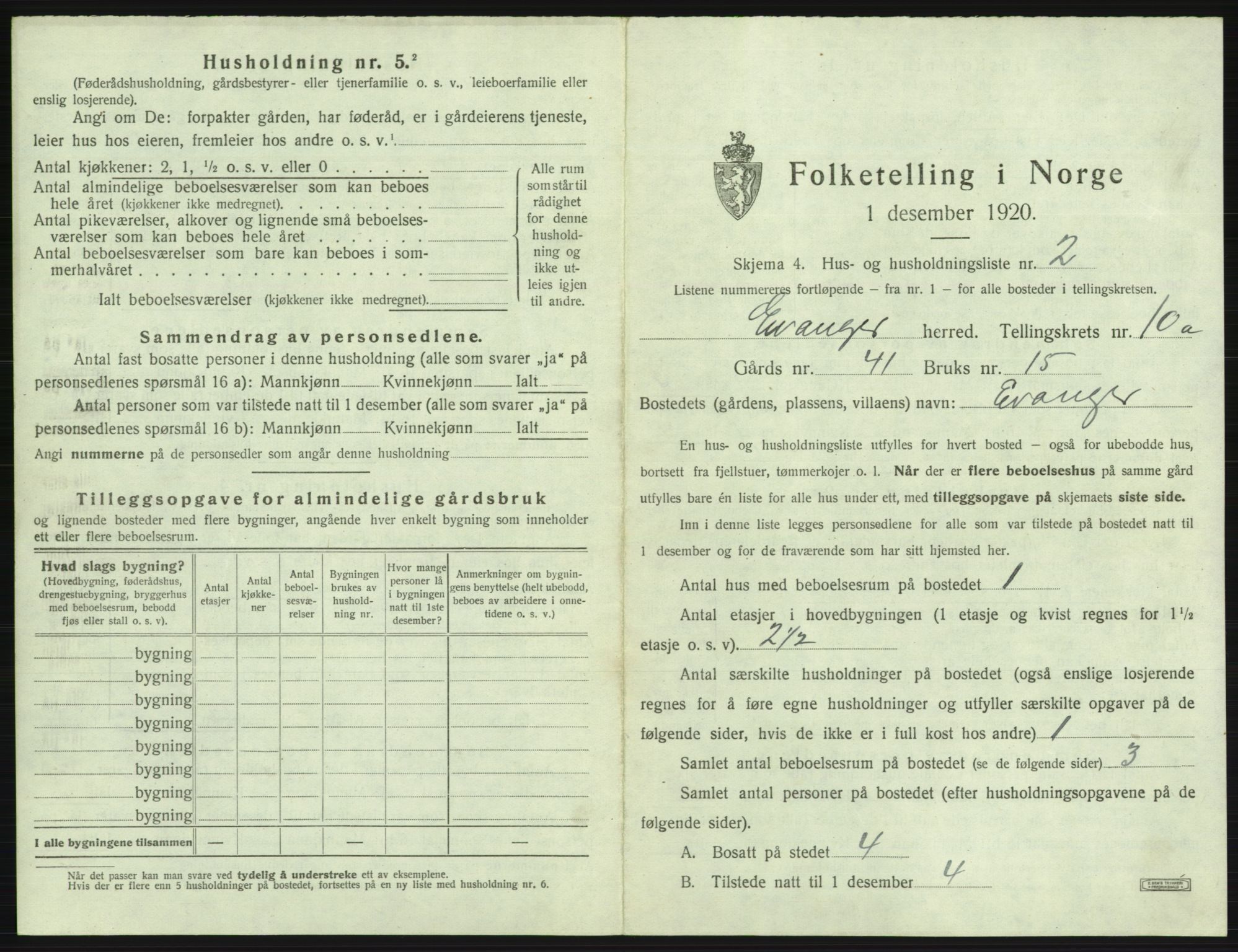 SAB, 1920 census for Evanger, 1920, p. 459