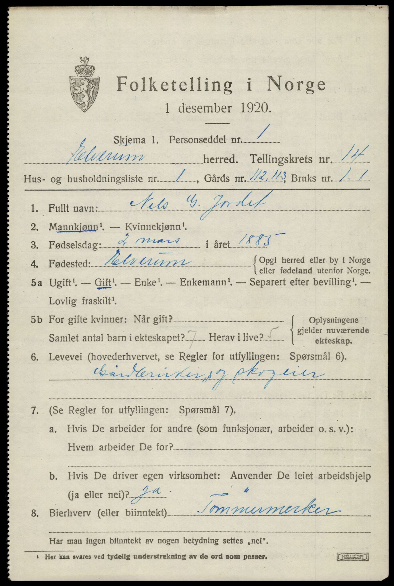 SAH, 1920 census for Elverum, 1920, p. 18004