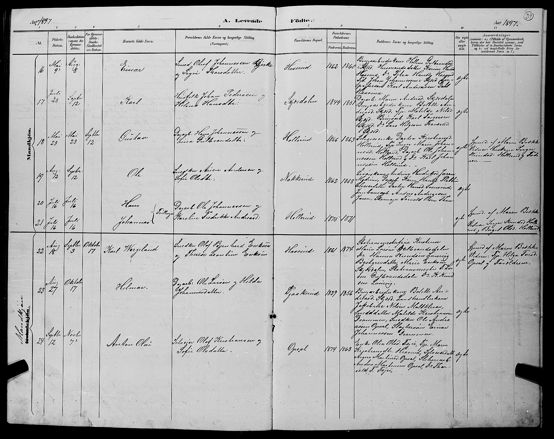 Hole kirkebøker, SAKO/A-228/G/Gb/L0003: Parish register (copy) no. II 3, 1890-1901, p. 39