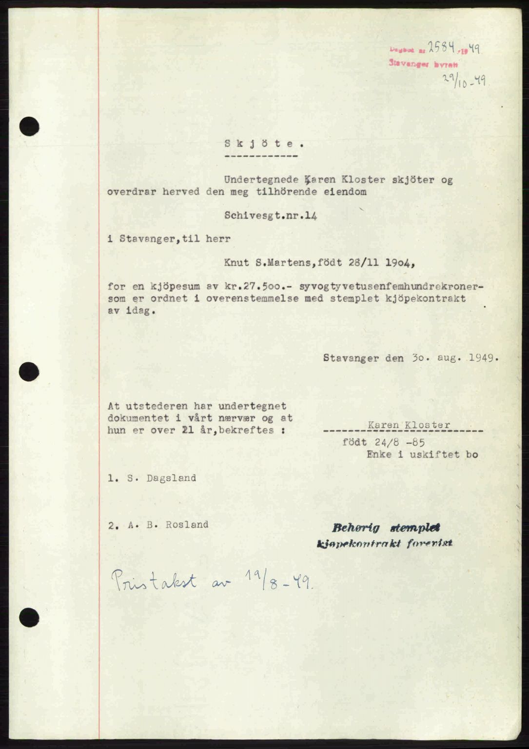 Stavanger byrett, SAST/A-100455/002/G/Gb/L0023: Mortgage book no. A12, 1948-1949, Diary no: : 2584/1949