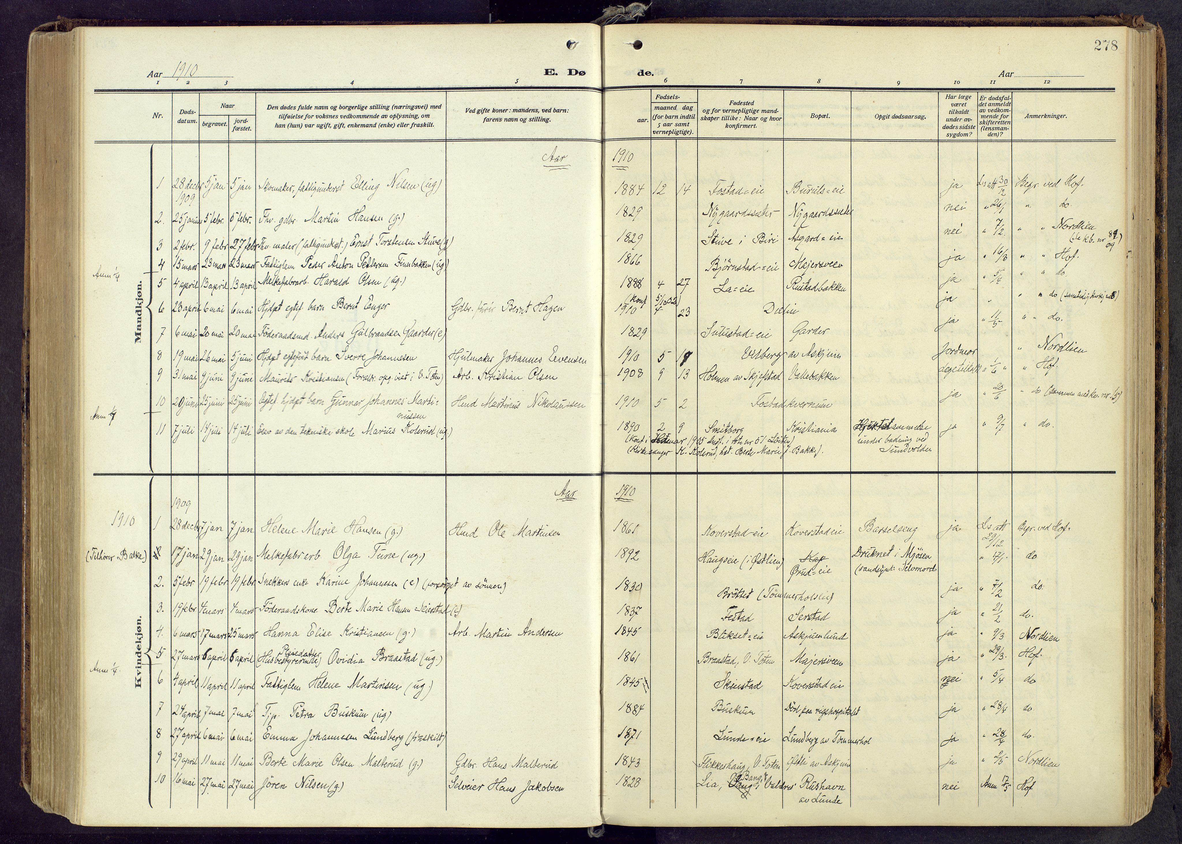 Østre Toten prestekontor, AV/SAH-PREST-104/H/Ha/Haa/L0010: Parish register (official) no. 10, 1910-1920, p. 278