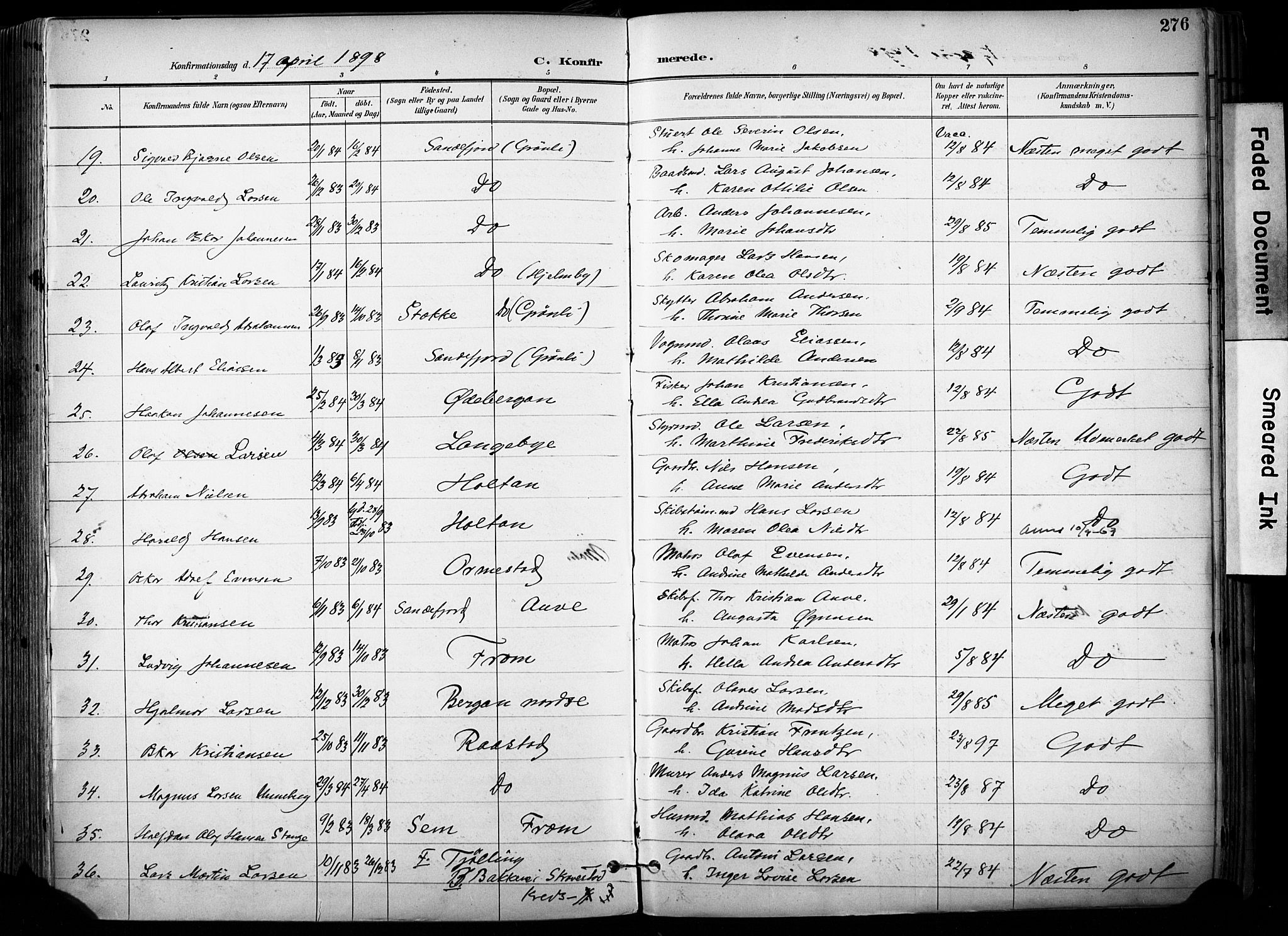 Sandar kirkebøker, AV/SAKO-A-243/F/Fa/L0014: Parish register (official) no. 14, 1896-1909, p. 276