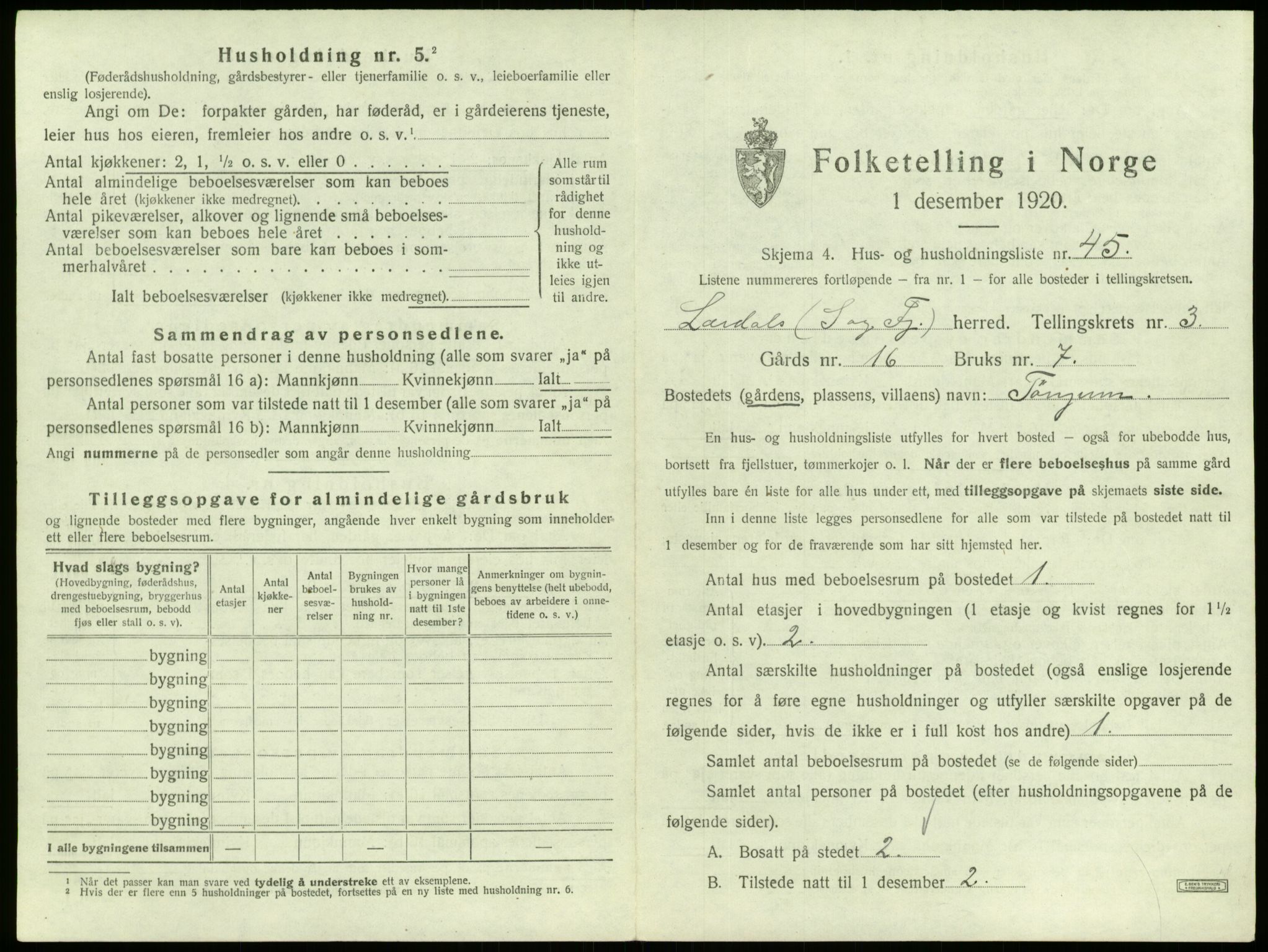 SAB, 1920 census for Lærdal, 1920, p. 305