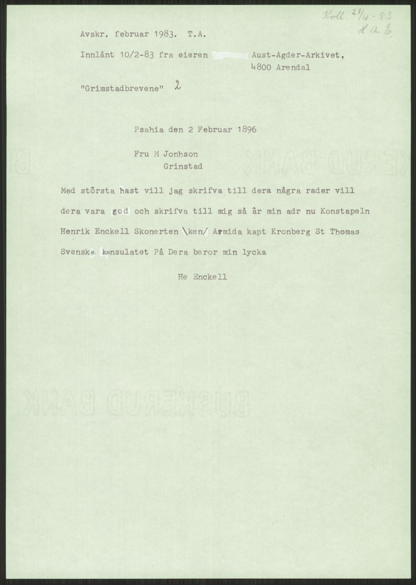 Samlinger til kildeutgivelse, Amerikabrevene, AV/RA-EA-4057/F/L0025: Innlån fra Aust-Agder: Aust-Agder-Arkivet, Grimstadbrevene, 1838-1914, p. 25