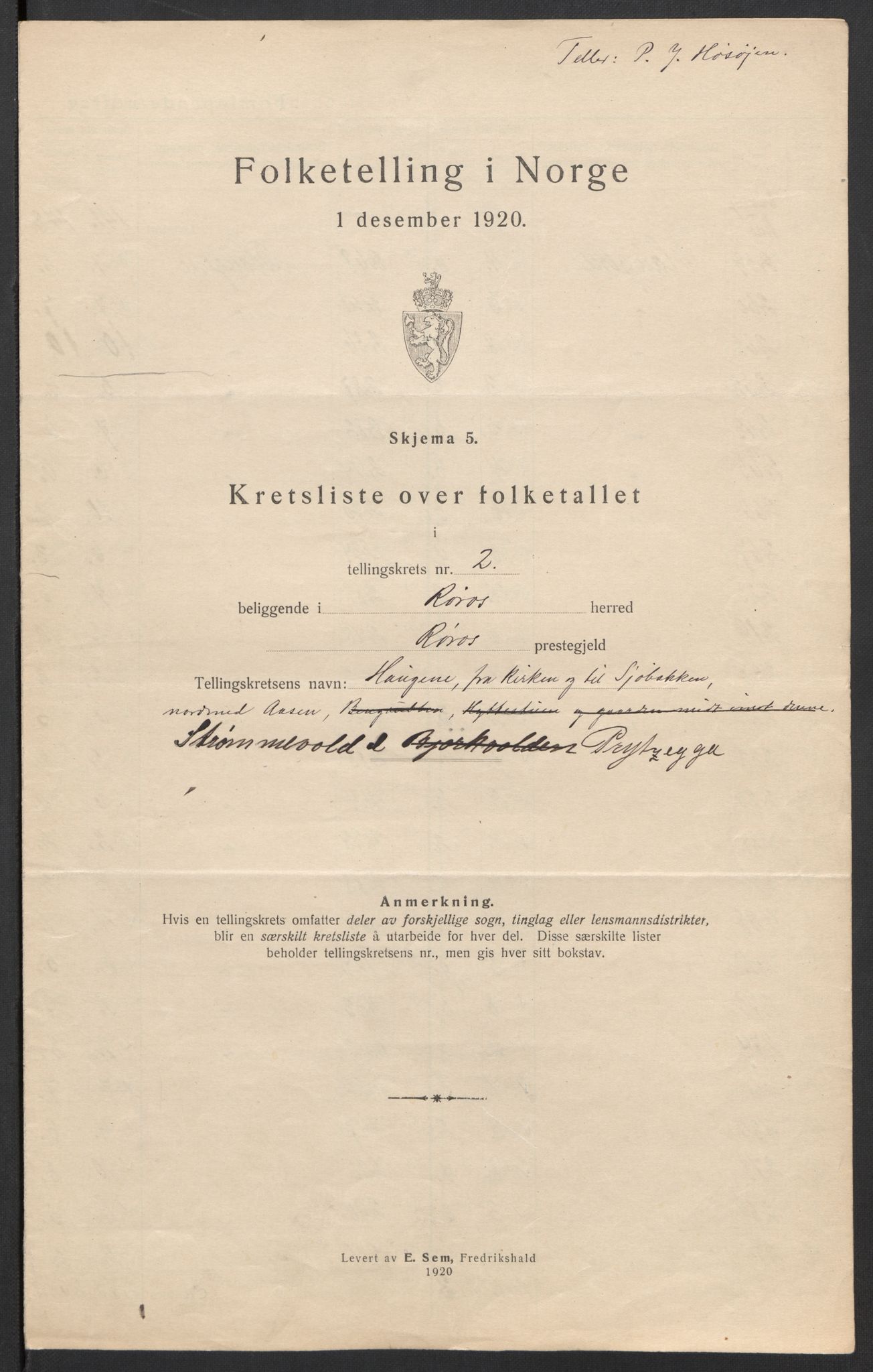 SAT, 1920 census for Røros, 1920, p. 9