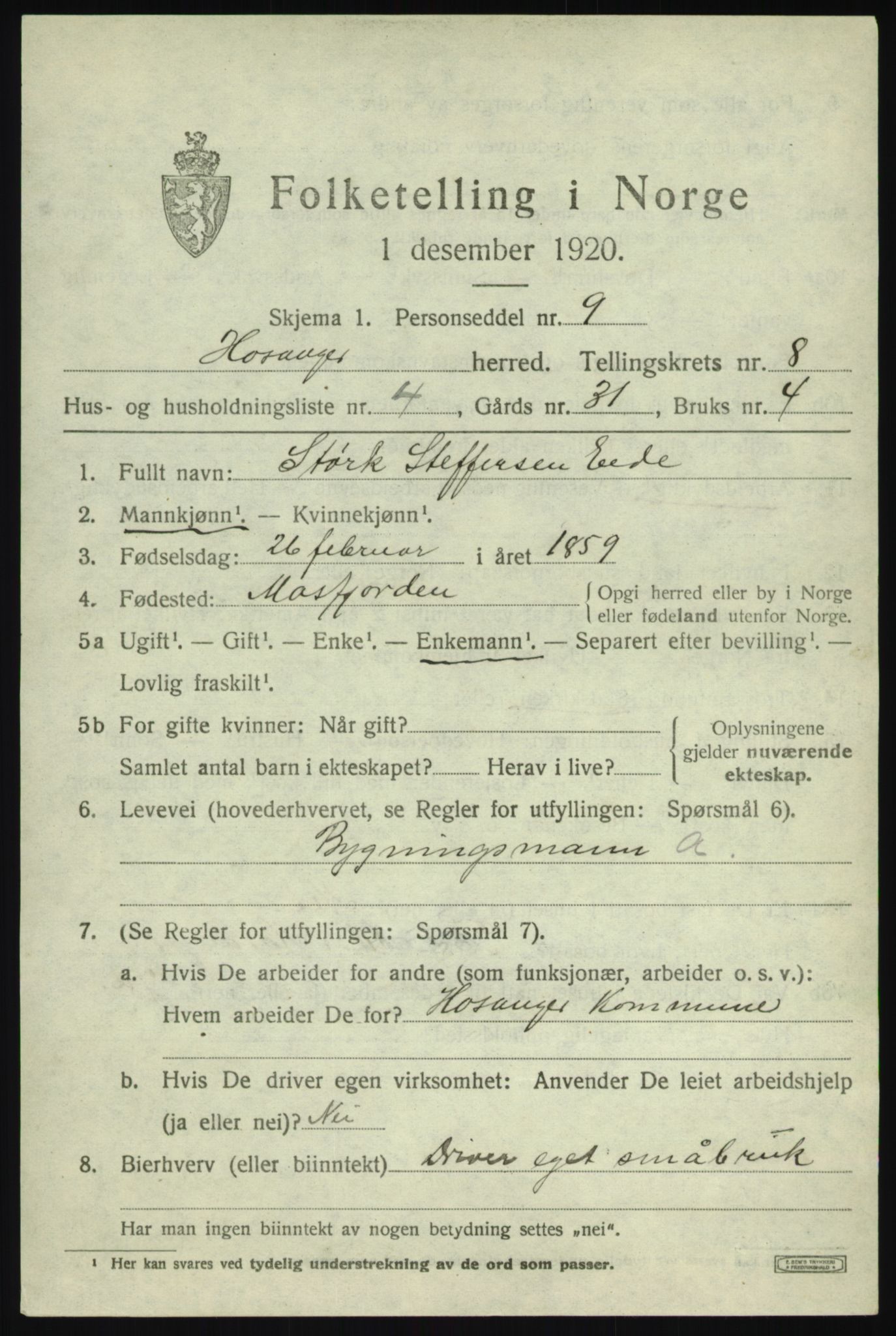 SAB, 1920 census for Hosanger, 1920, p. 3401