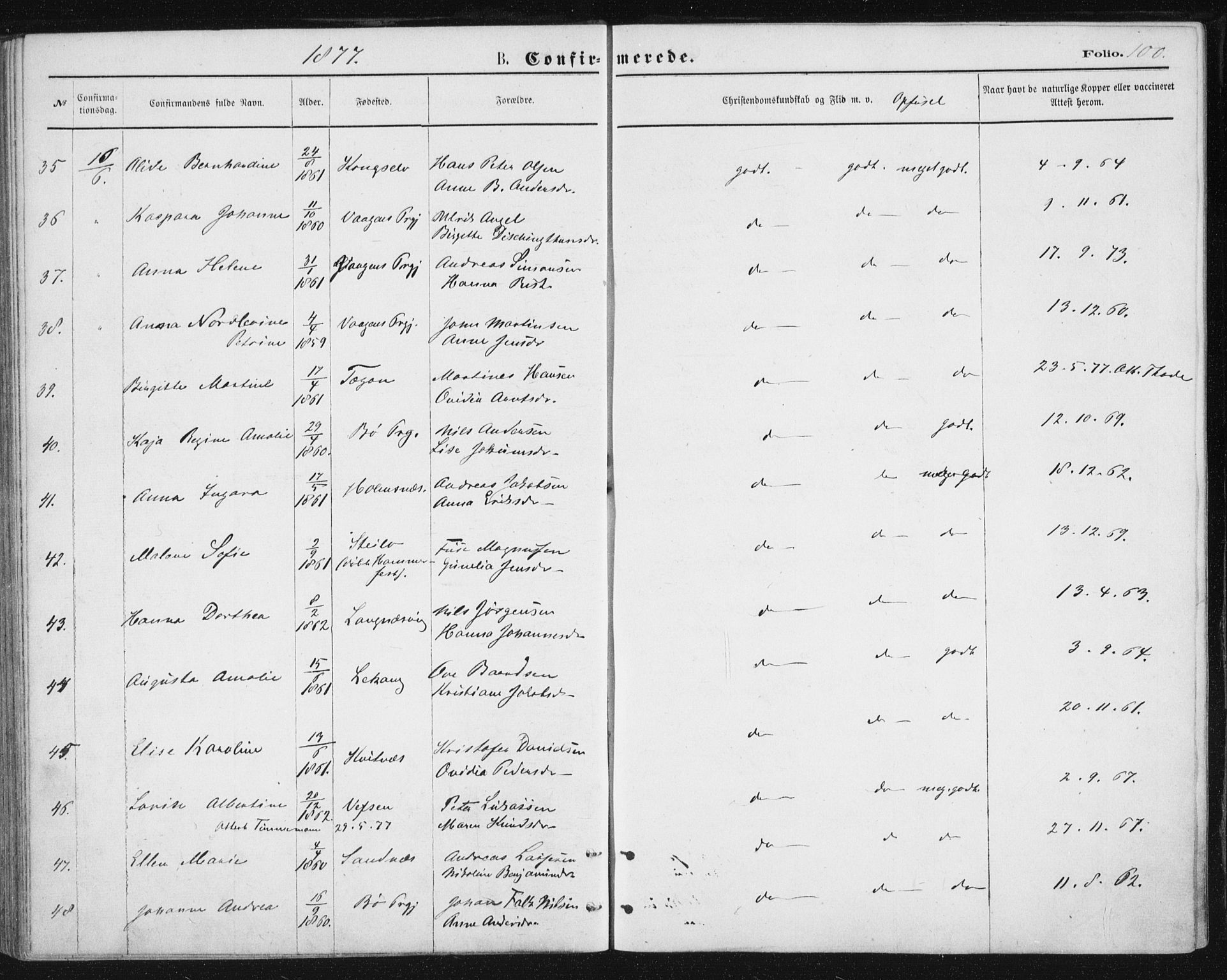 Ministerialprotokoller, klokkerbøker og fødselsregistre - Nordland, AV/SAT-A-1459/888/L1243: Parish register (official) no. 888A09, 1876-1879, p. 100