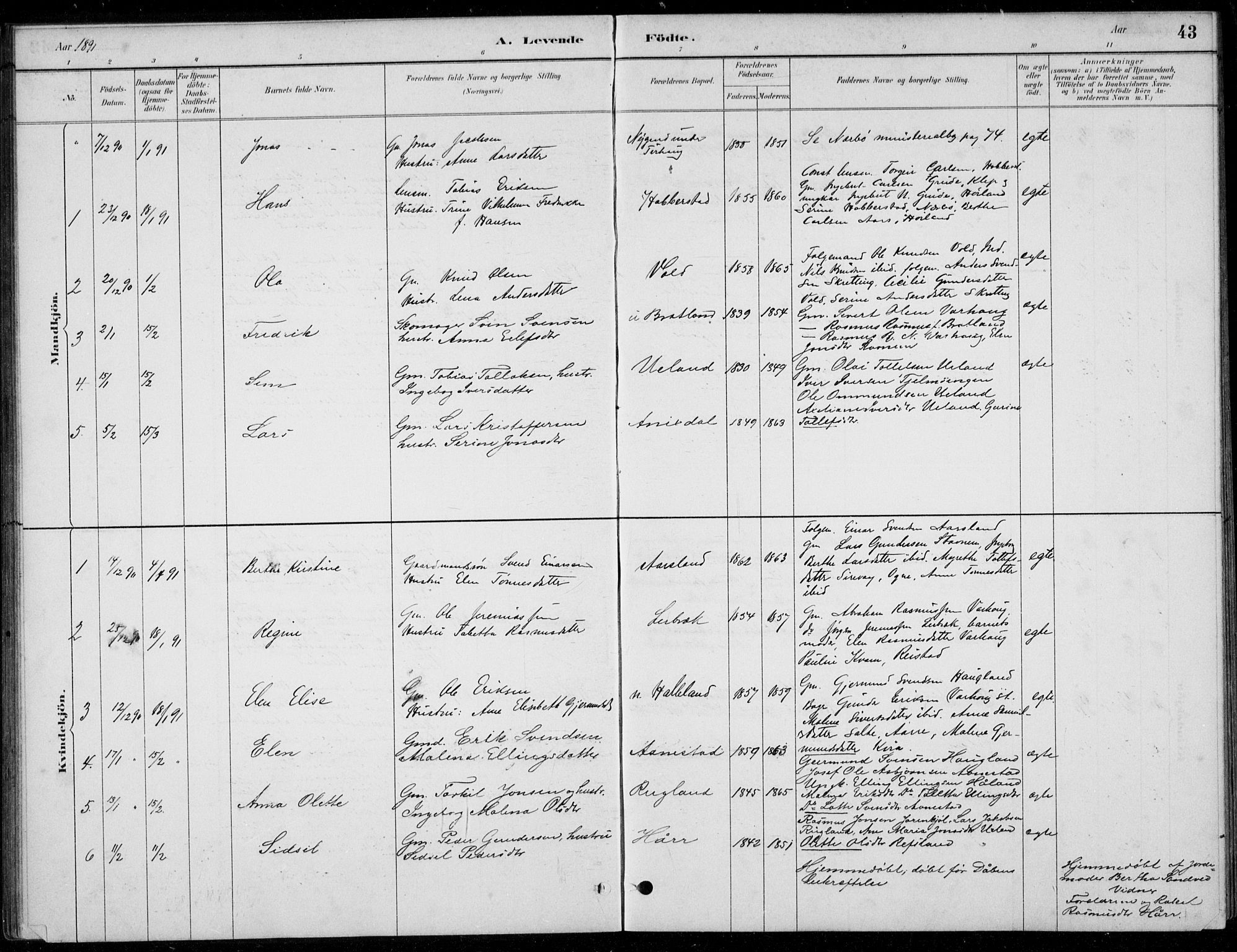 Hå sokneprestkontor, AV/SAST-A-101801/001/30BB/L0004: Parish register (copy) no. B 4, 1883-1899, p. 43