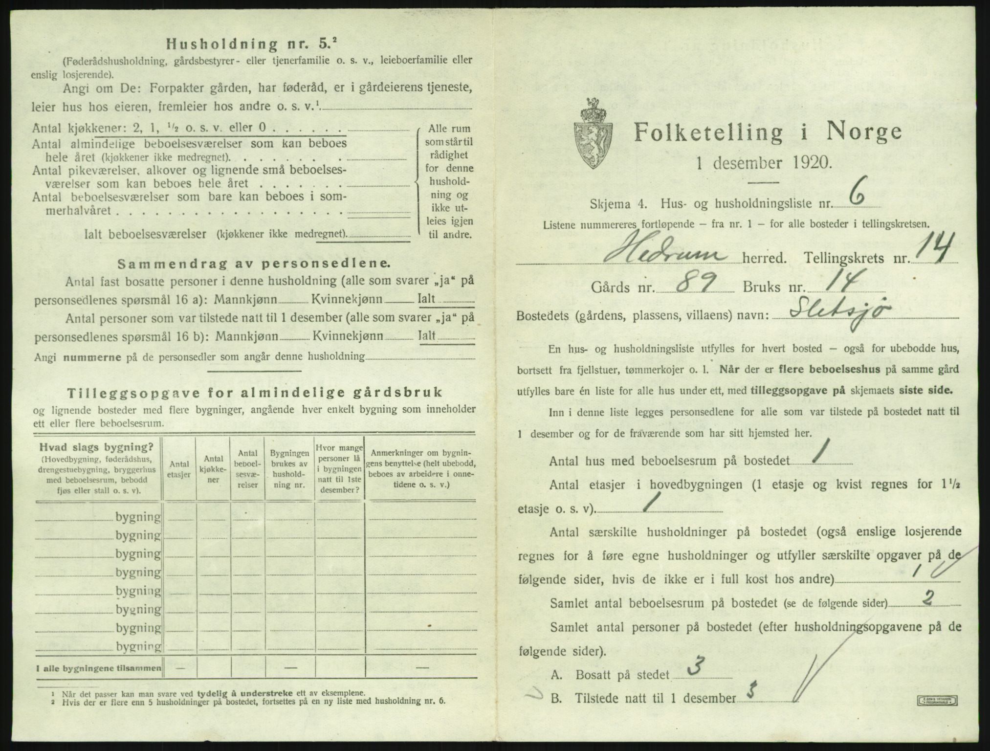 SAKO, 1920 census for Hedrum, 1920, p. 1267