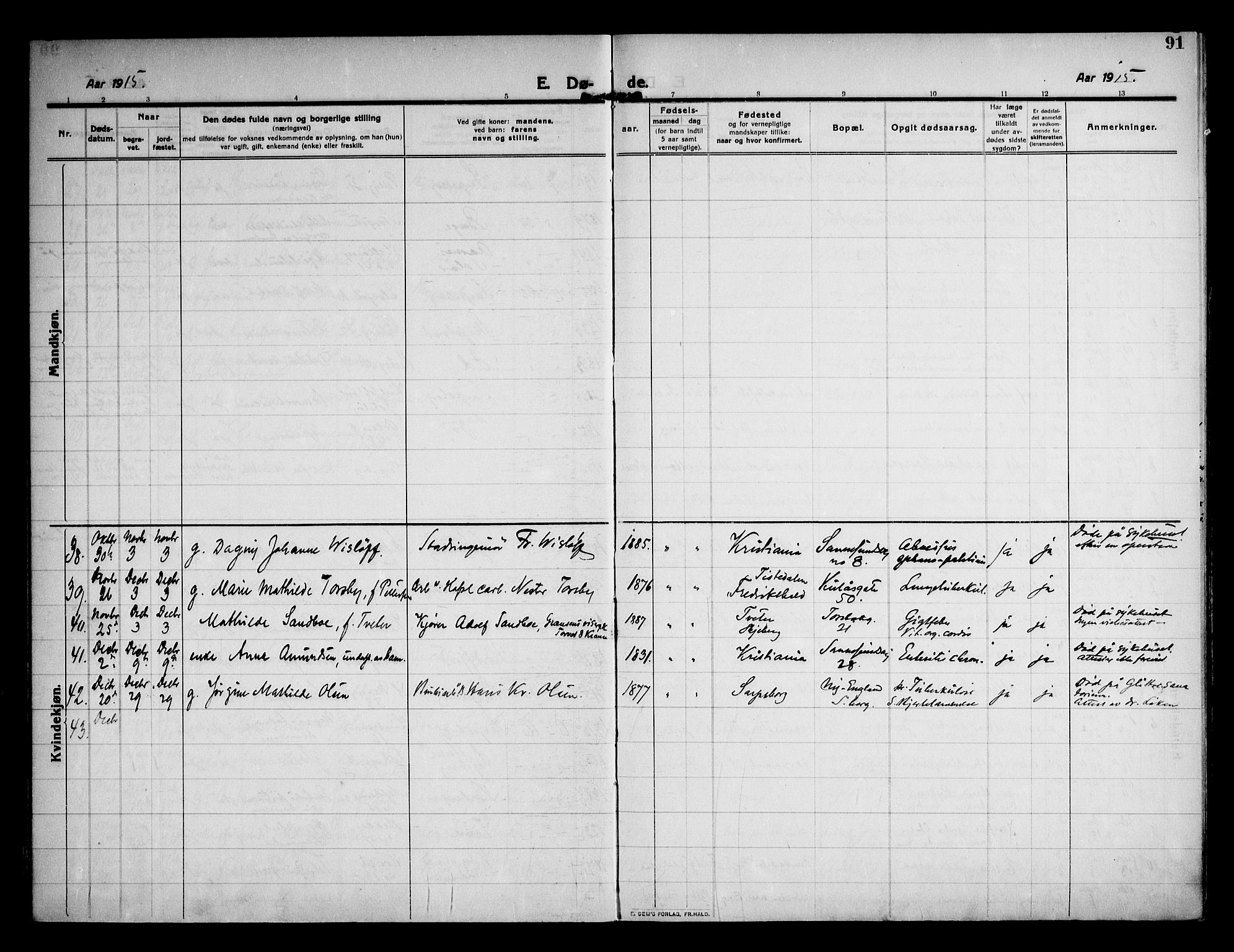 Sarpsborg prestekontor Kirkebøker, AV/SAO-A-2006/F/Fa/L0007: Parish register (official) no. 7, 1910-1918, p. 91