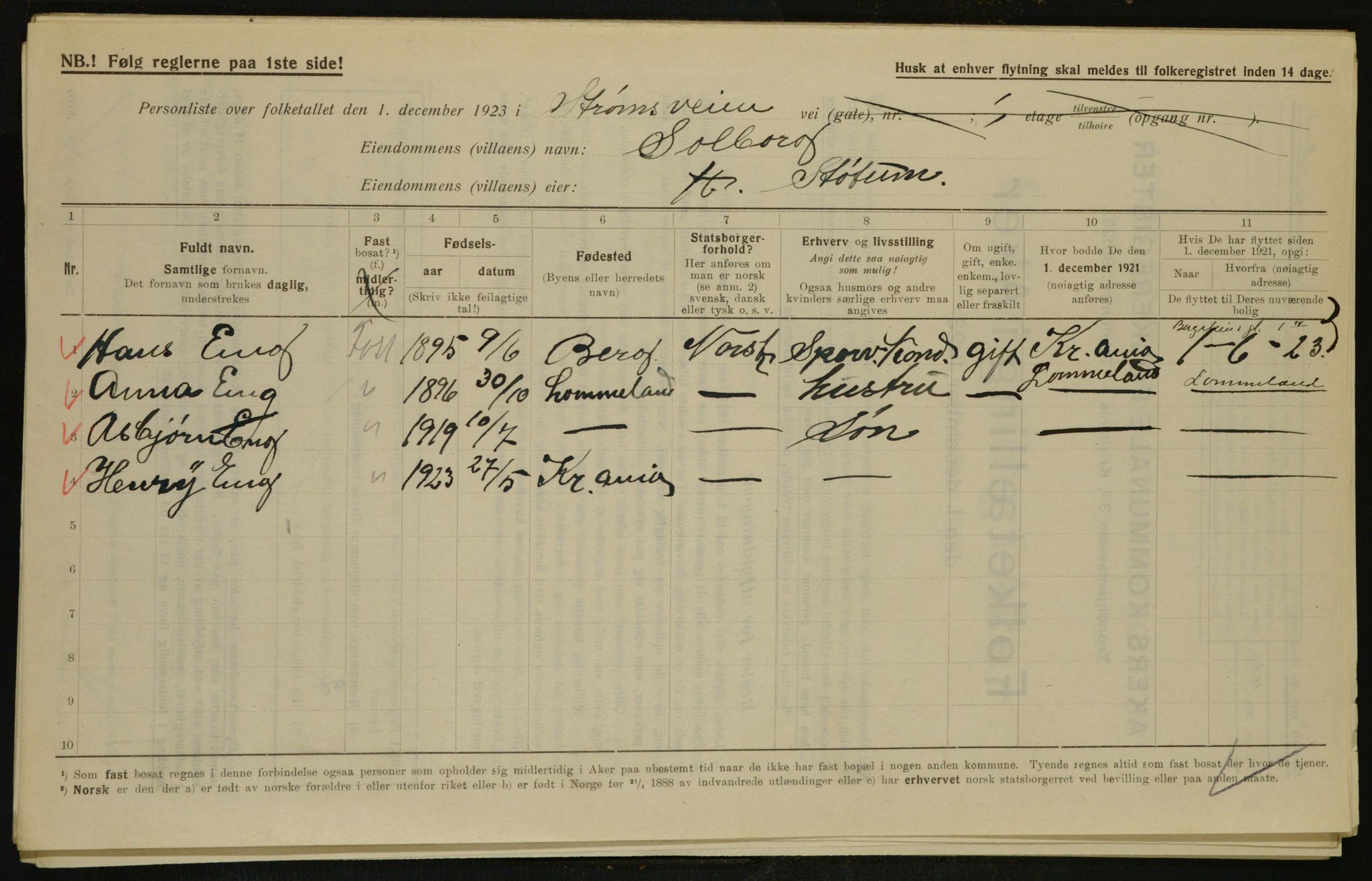 , Municipal Census 1923 for Aker, 1923, p. 32582