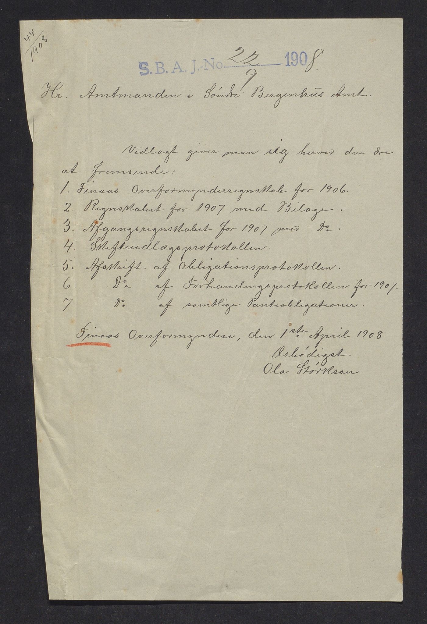 Finnaas kommune. Overformynderiet, IKAH/1218a-812/R/Ra/Raa/L0008/0001: Årlege rekneskap m/vedlegg / Årlege rekneskap m/vedlegg, 1907