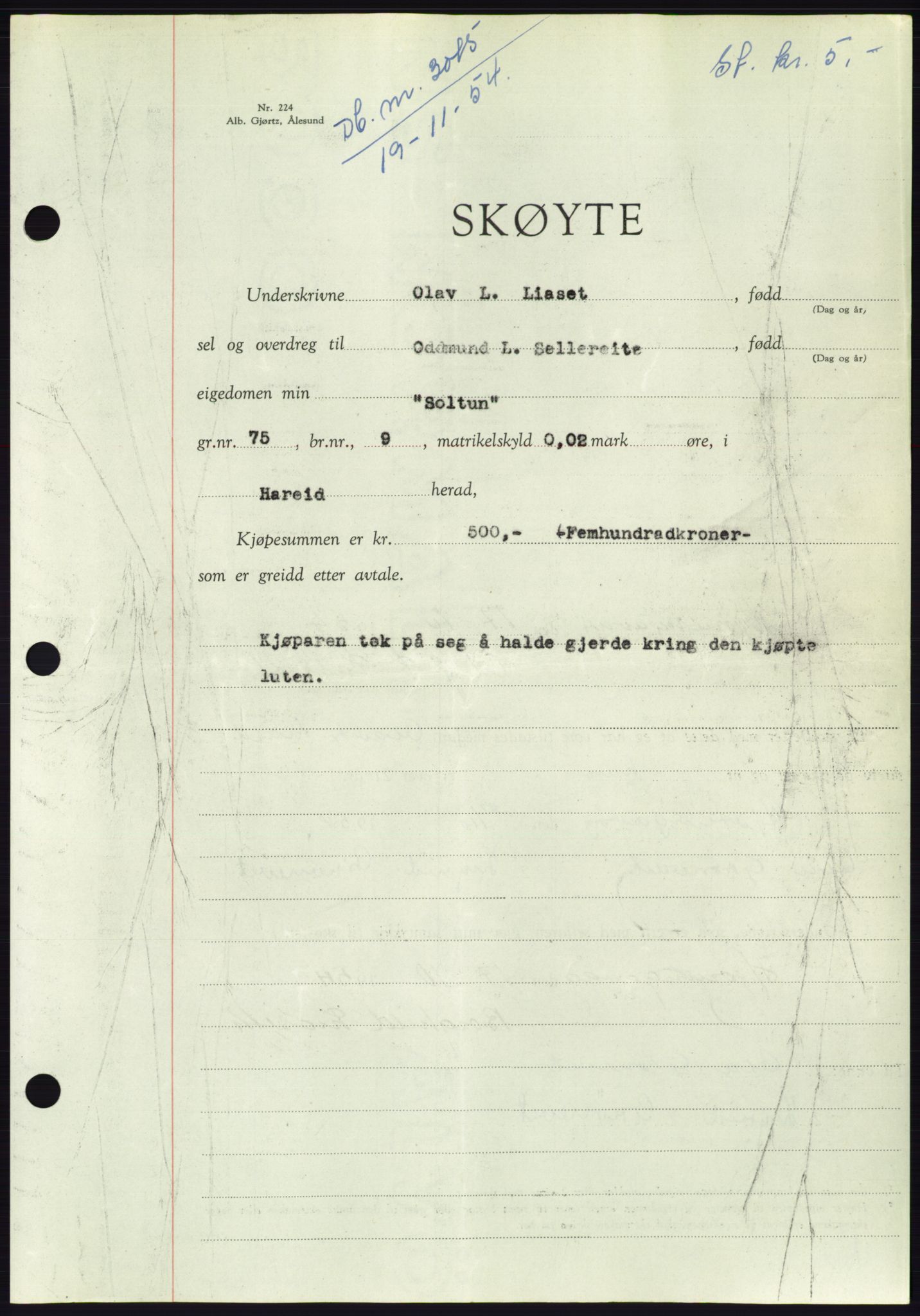 Søre Sunnmøre sorenskriveri, AV/SAT-A-4122/1/2/2C/L0099: Mortgage book no. 25A, 1954-1954, Diary no: : 3015/1954