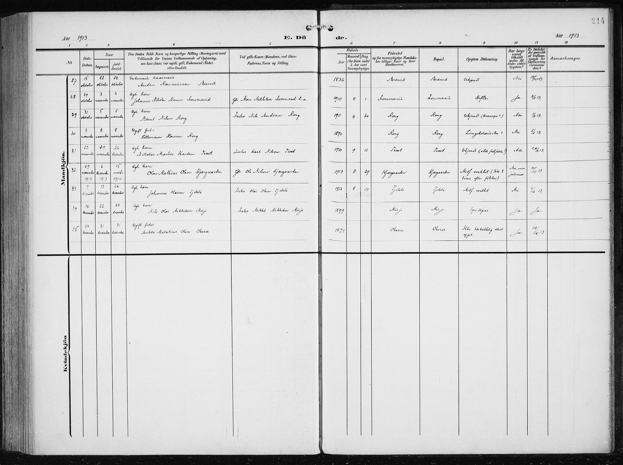 Herdla Sokneprestembete, AV/SAB-A-75701/H/Haa: Parish register (official) no. A 5, 1905-1918, p. 214