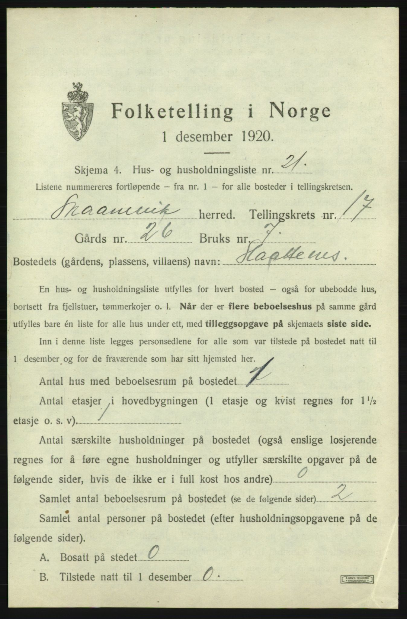 SAB, 1920 census for Skånevik, 1920, p. 1766