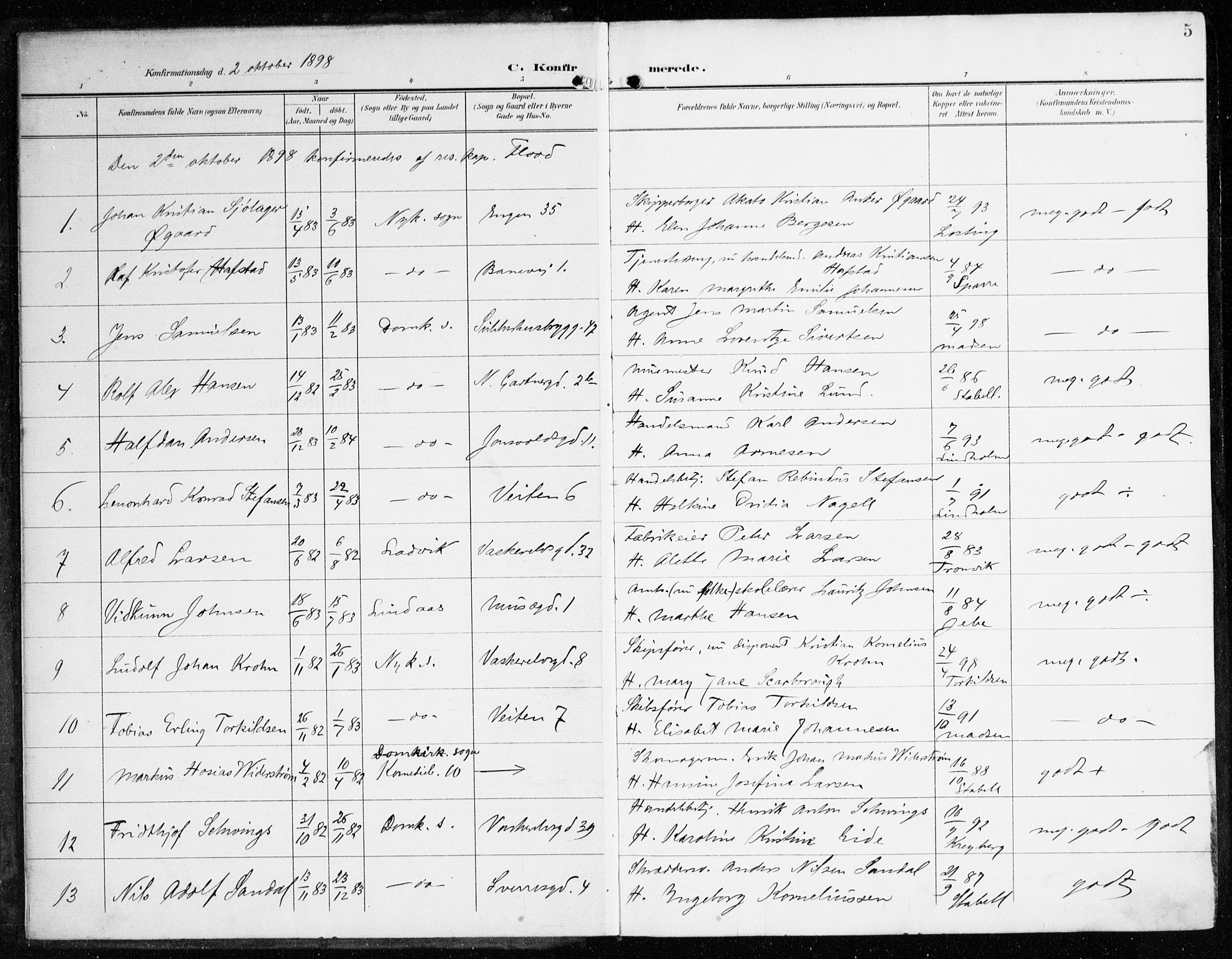 Domkirken sokneprestembete, SAB/A-74801/H/Haa/L0031: Parish register (official) no. C 6, 1898-1915, p. 5