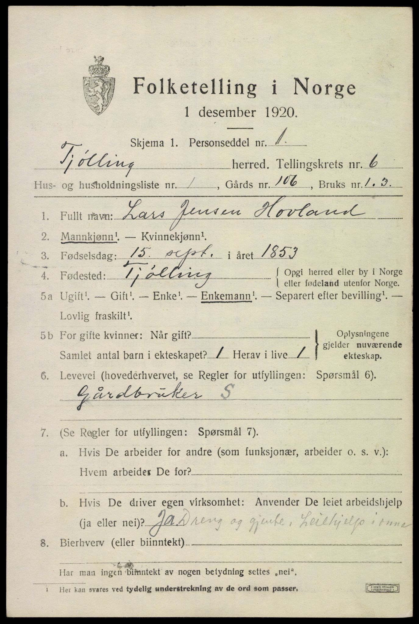 SAKO, 1920 census for Tjølling, 1920, p. 8997