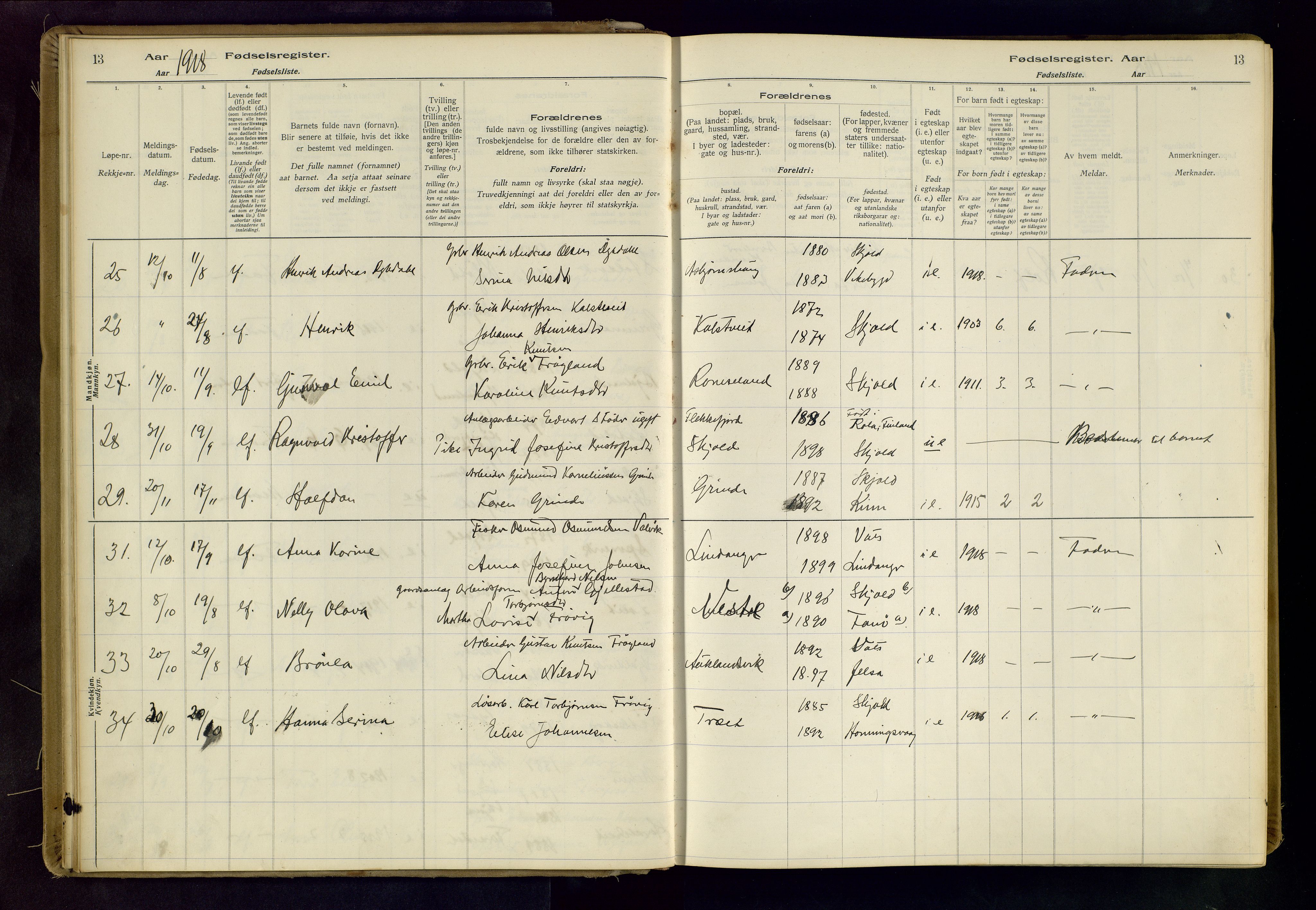 Skjold sokneprestkontor, AV/SAST-A-101847/I/Id/L0001: Birth register no. 1, 1917-1951, p. 13