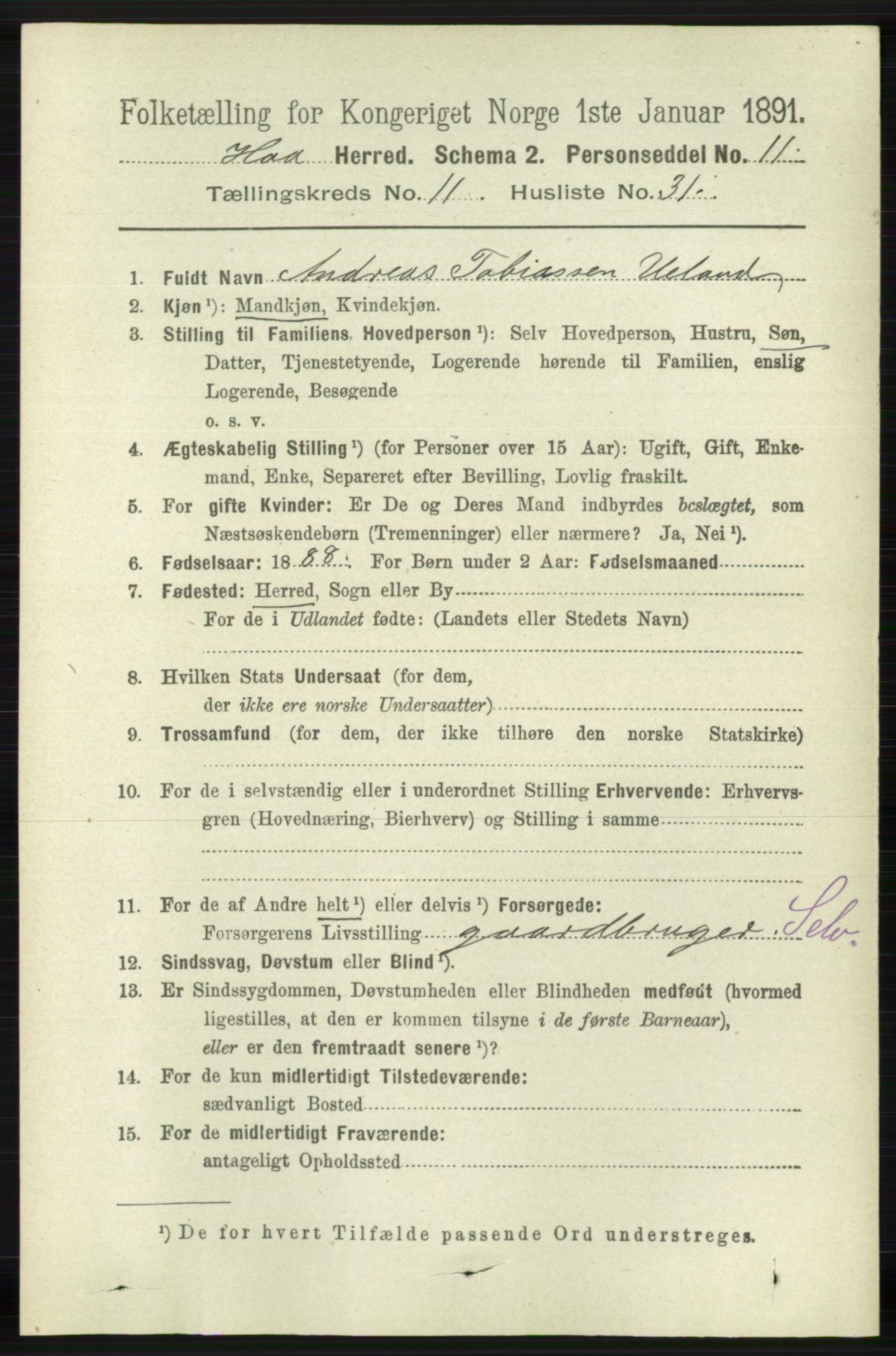 RA, 1891 census for 1119 Hå, 1891, p. 2823