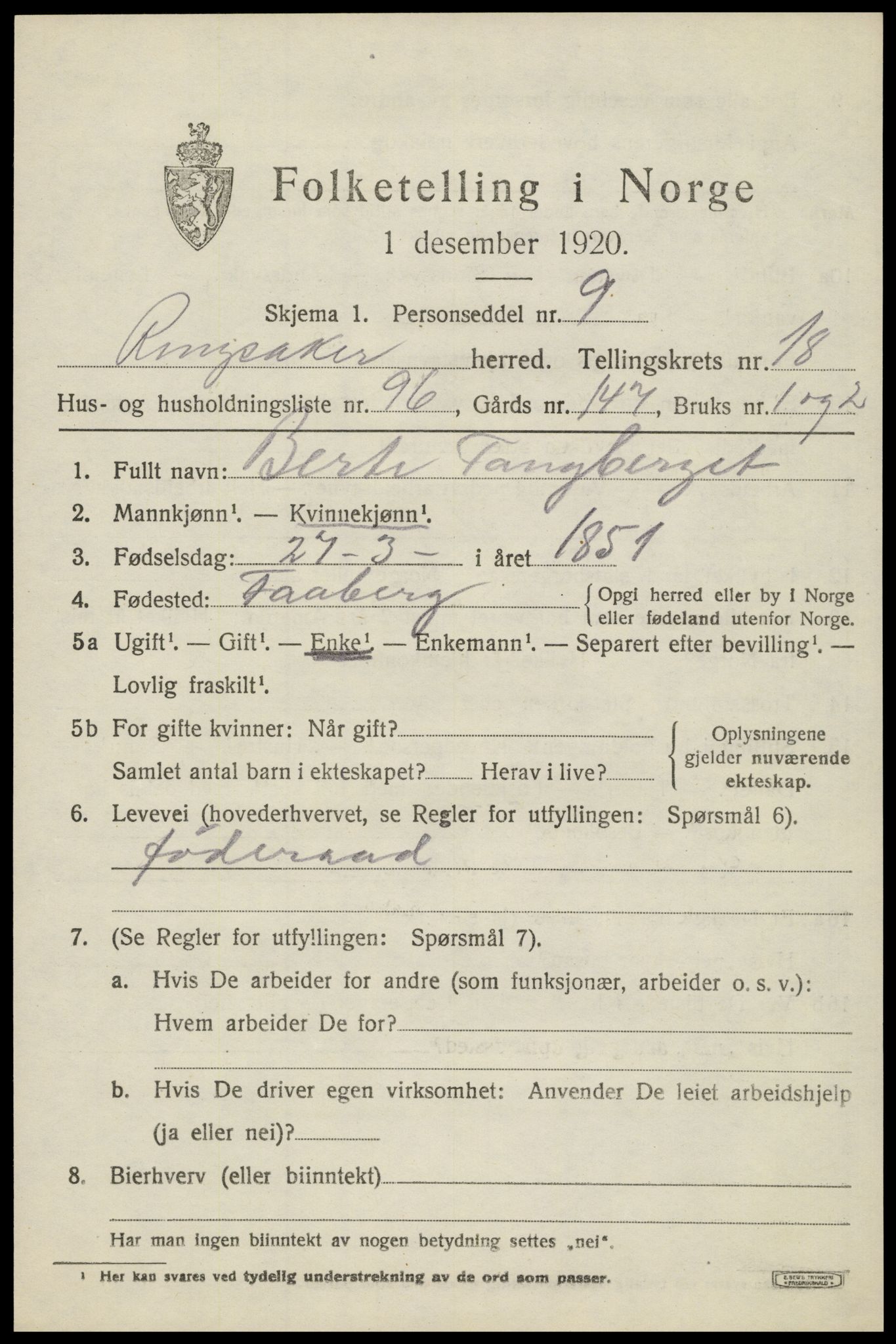 SAH, 1920 census for Ringsaker, 1920, p. 26198