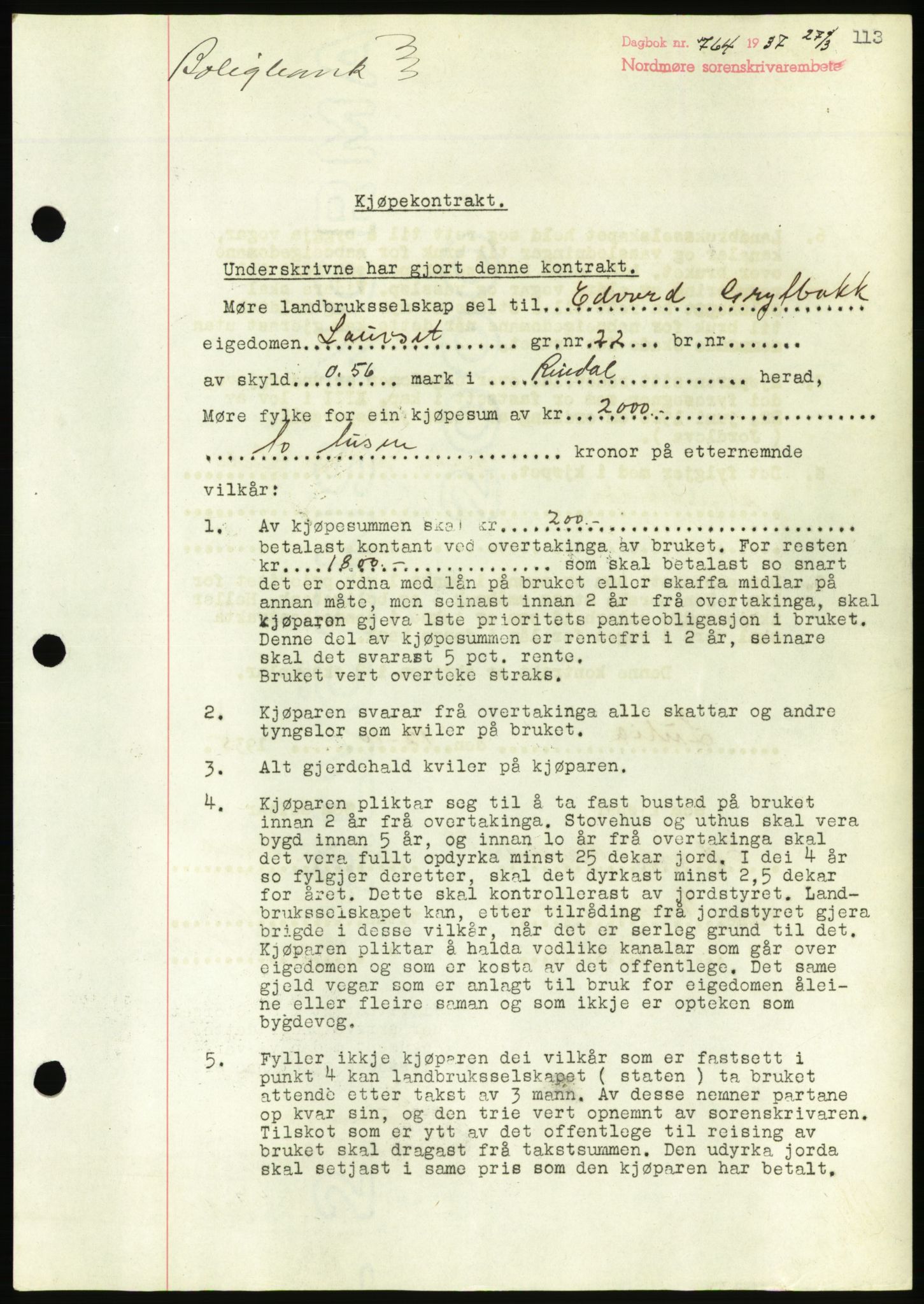 Nordmøre sorenskriveri, AV/SAT-A-4132/1/2/2Ca/L0091: Mortgage book no. B81, 1937-1937, Diary no: : 764/1937