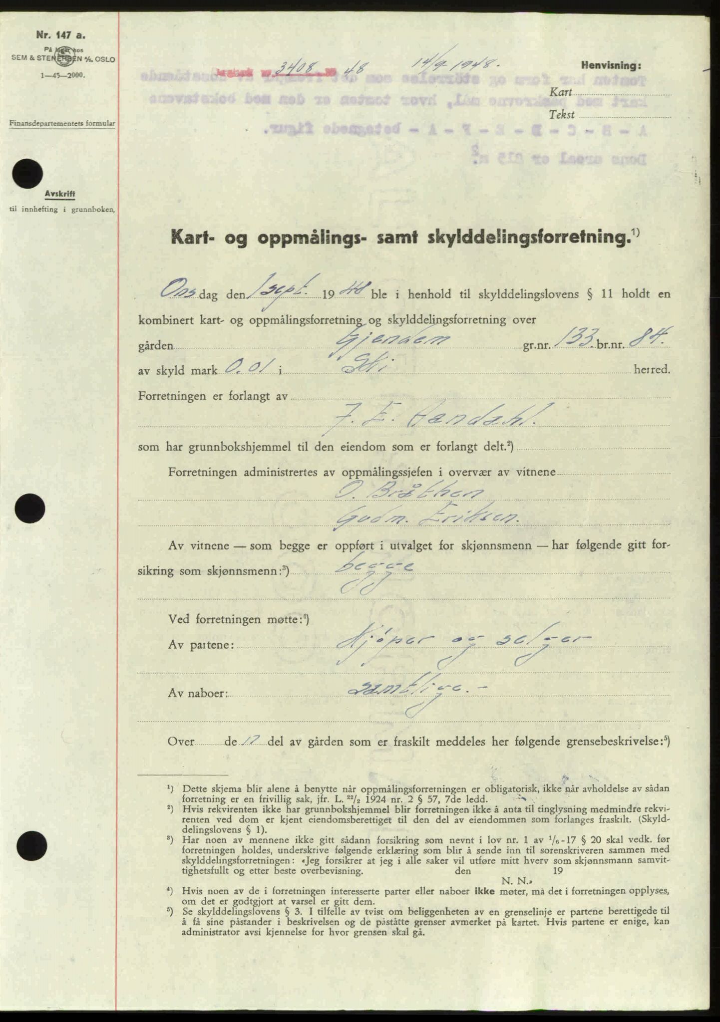 Follo sorenskriveri, SAO/A-10274/G/Ga/Gaa/L0085: Mortgage book no. I 85, 1948-1948, Diary no: : 3408/1948