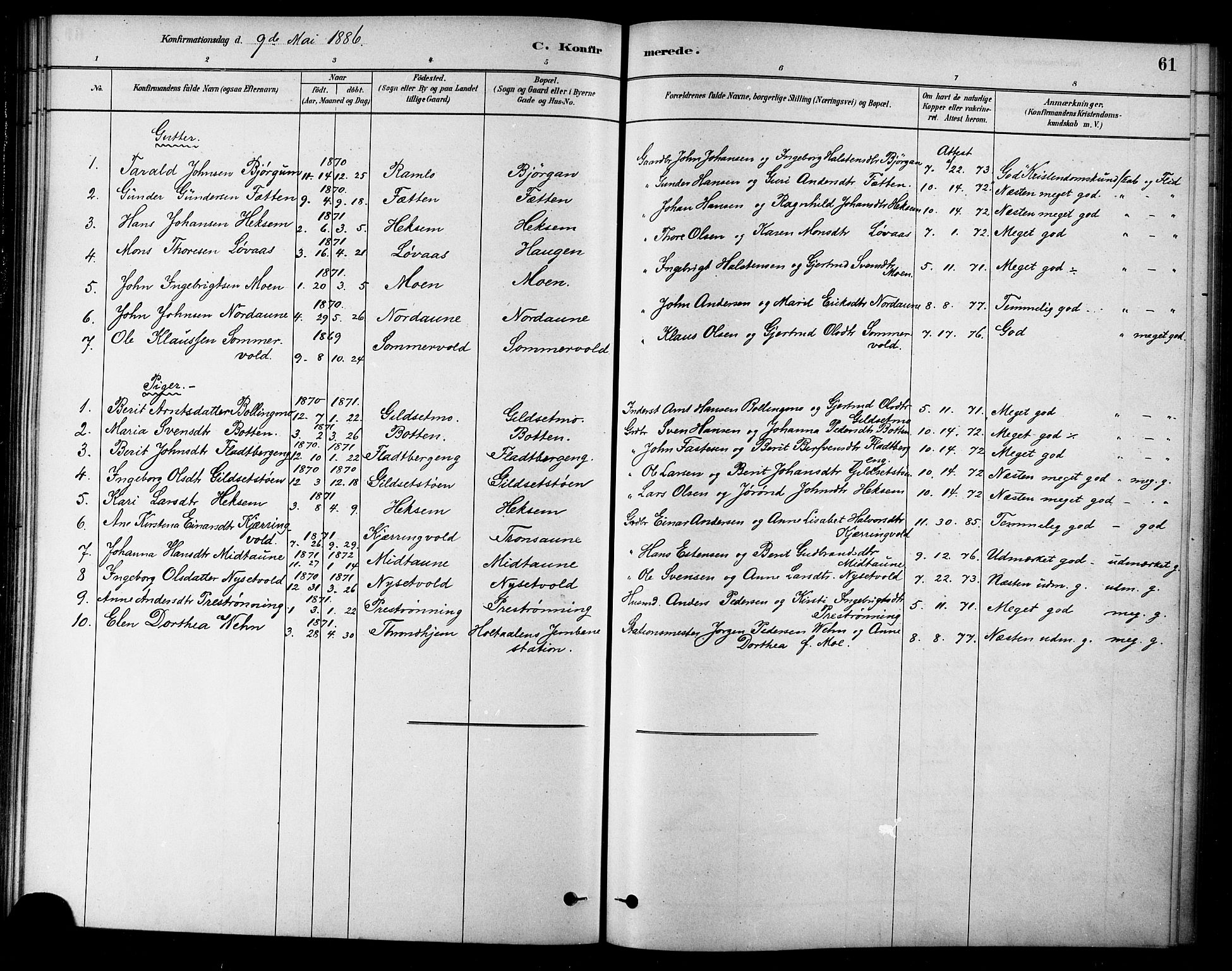 Ministerialprotokoller, klokkerbøker og fødselsregistre - Sør-Trøndelag, SAT/A-1456/685/L0972: Parish register (official) no. 685A09, 1879-1890, p. 61
