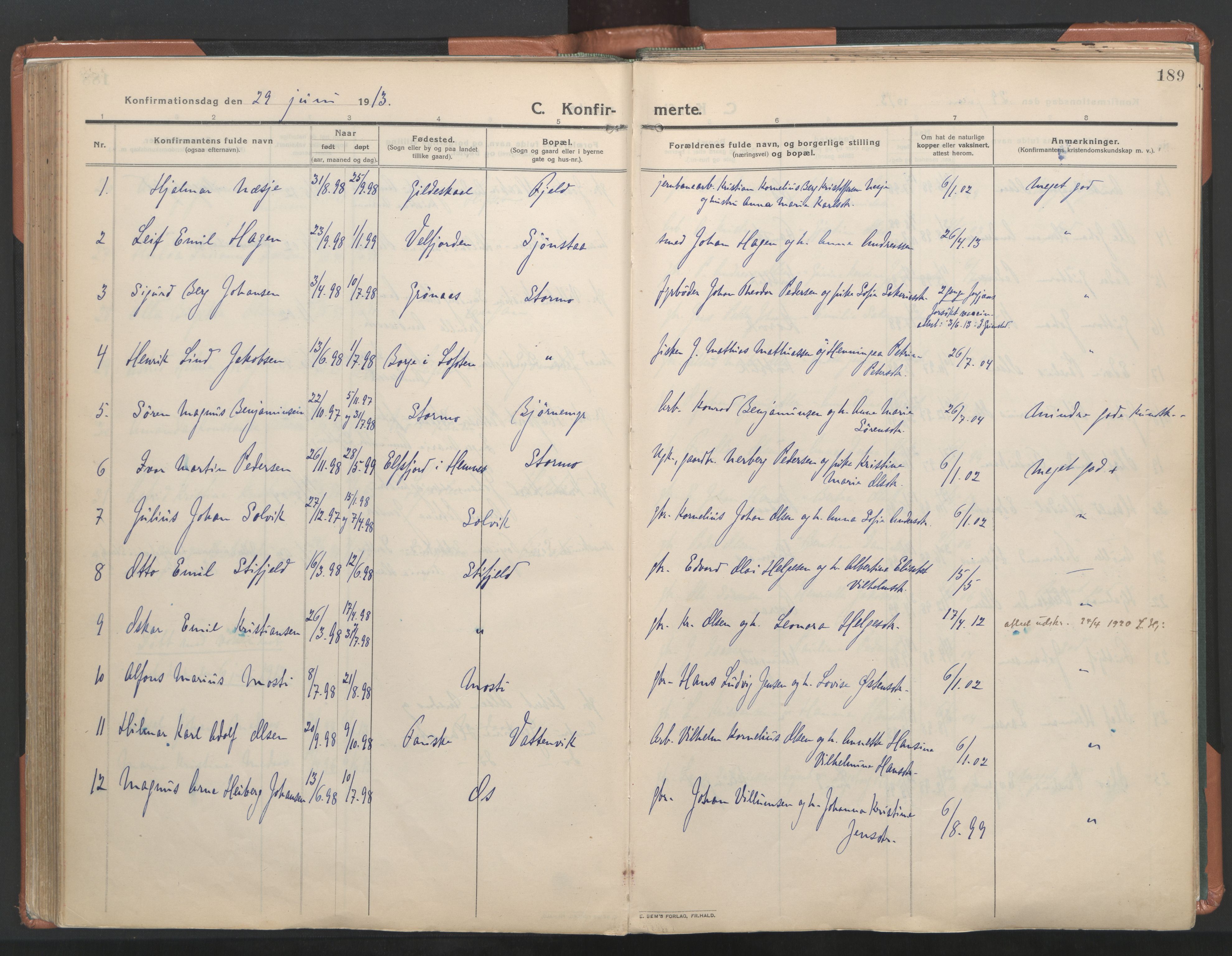 Ministerialprotokoller, klokkerbøker og fødselsregistre - Nordland, AV/SAT-A-1459/849/L0698: Parish register (official) no. 849A09, 1911-1924, p. 189