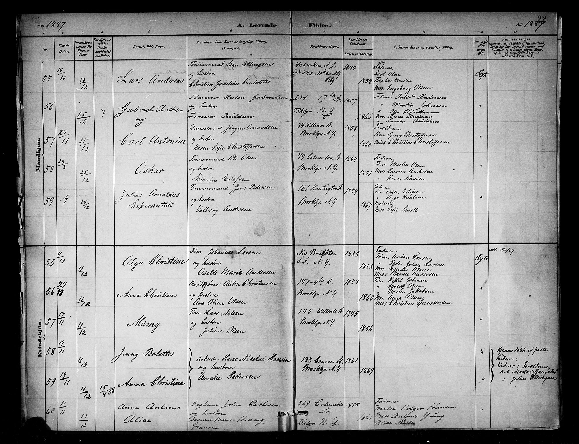 Den norske sjømannsmisjon i utlandet/New York, AV/SAB-SAB/PA-0110/H/Ha/L0002: Parish register (official) no. A 2, 1886-1888, p. 22