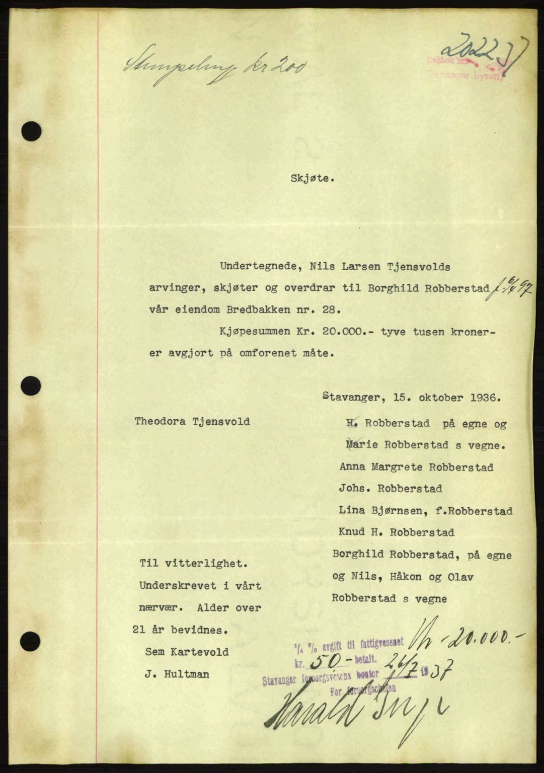 Stavanger byrett, SAST/A-100455/002/G/Gb/L0013: Mortgage book no. A3, 1937-1938, Diary no: : 2022/1937