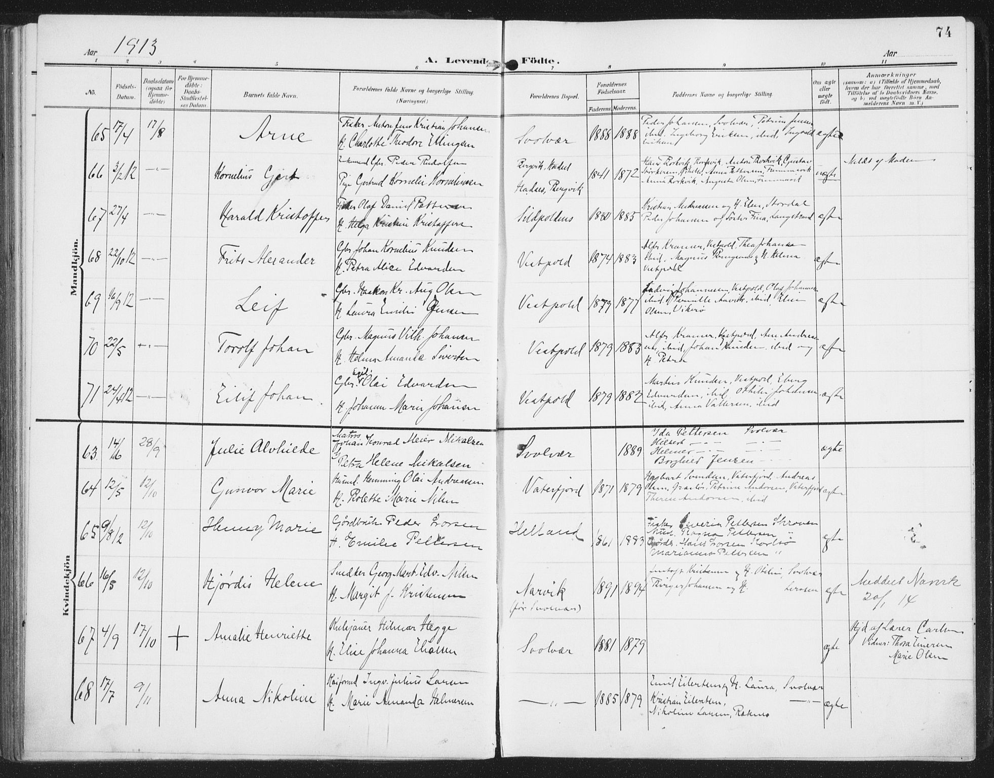 Ministerialprotokoller, klokkerbøker og fødselsregistre - Nordland, SAT/A-1459/874/L1063: Parish register (official) no. 874A07, 1907-1915, p. 74