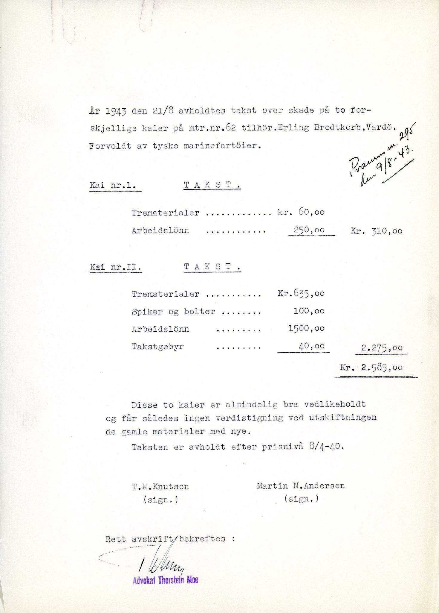 Erling Brodtkorb, Vardø, VAMU/A-0065/D/L0001/0009: Saksdokumenter / Wechrmacht. Ubetalte regninger etter Wechrmacht, 1940-1945