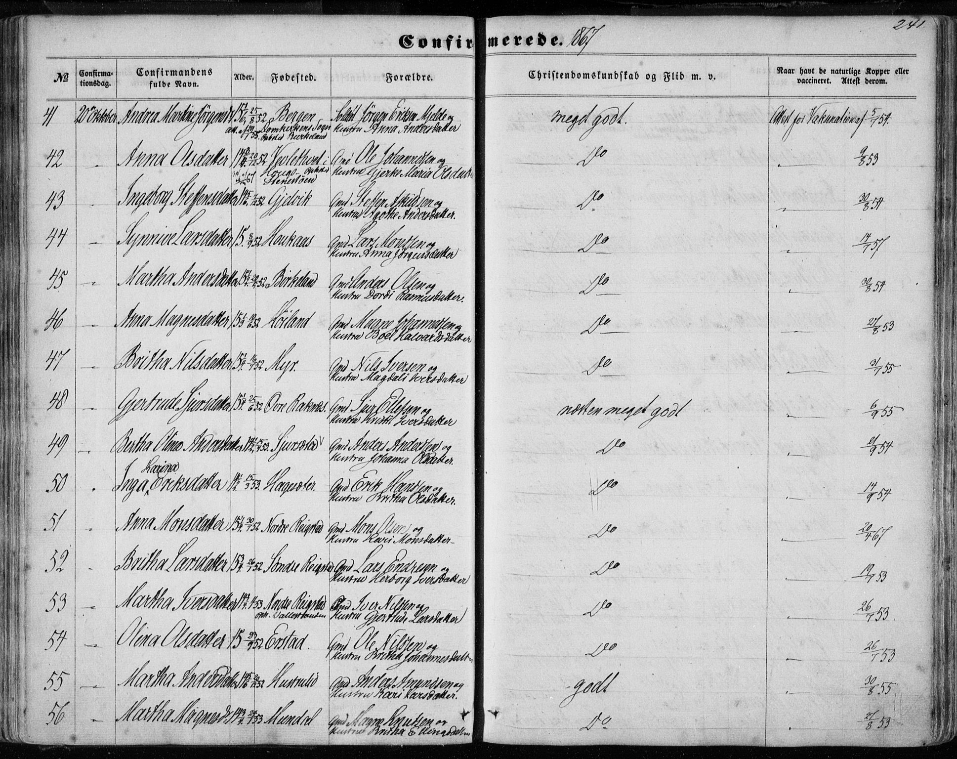 Hamre sokneprestembete, AV/SAB-A-75501/H/Ha/Haa/Haaa/L0014: Parish register (official) no. A 14, 1858-1872, p. 241