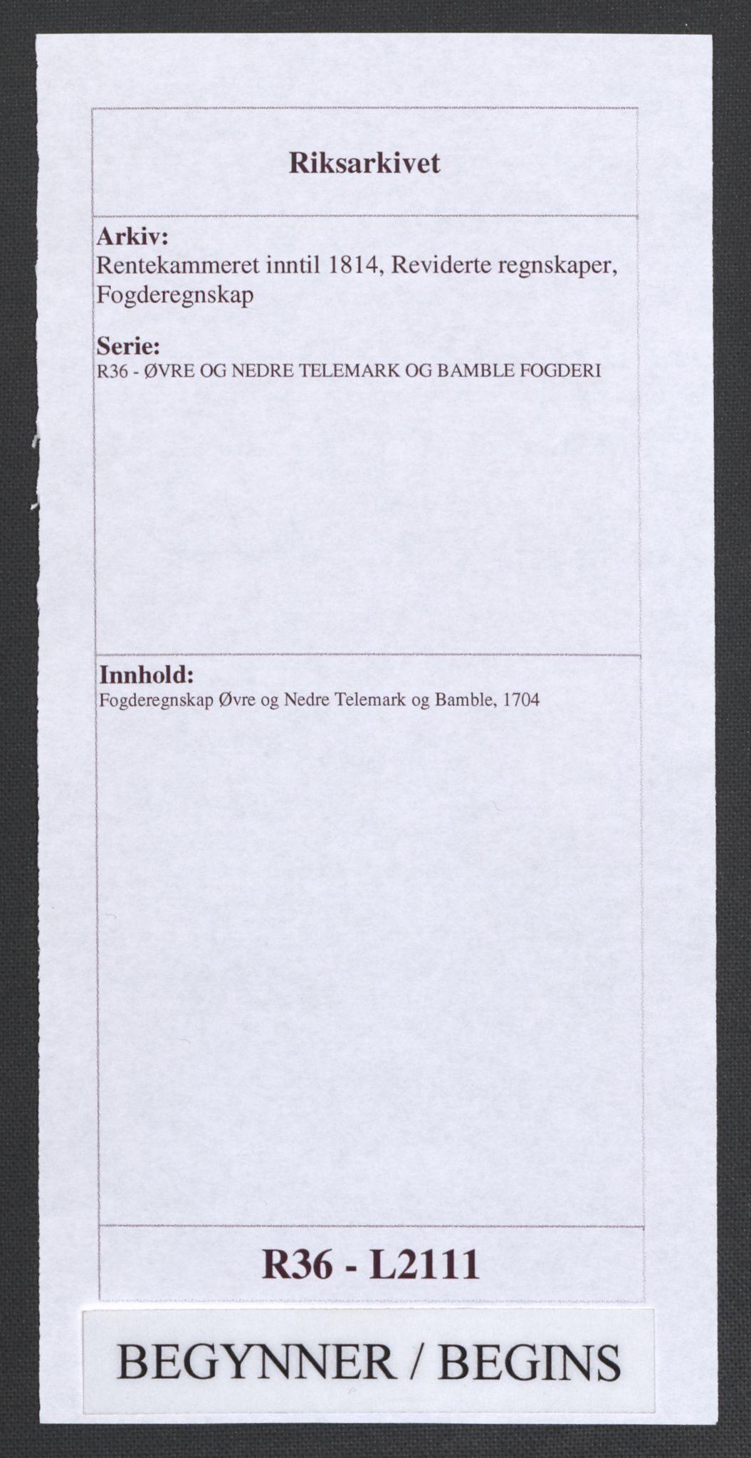 Rentekammeret inntil 1814, Reviderte regnskaper, Fogderegnskap, RA/EA-4092/R36/L2111: Fogderegnskap Øvre og Nedre Telemark og Bamble, 1704, p. 1