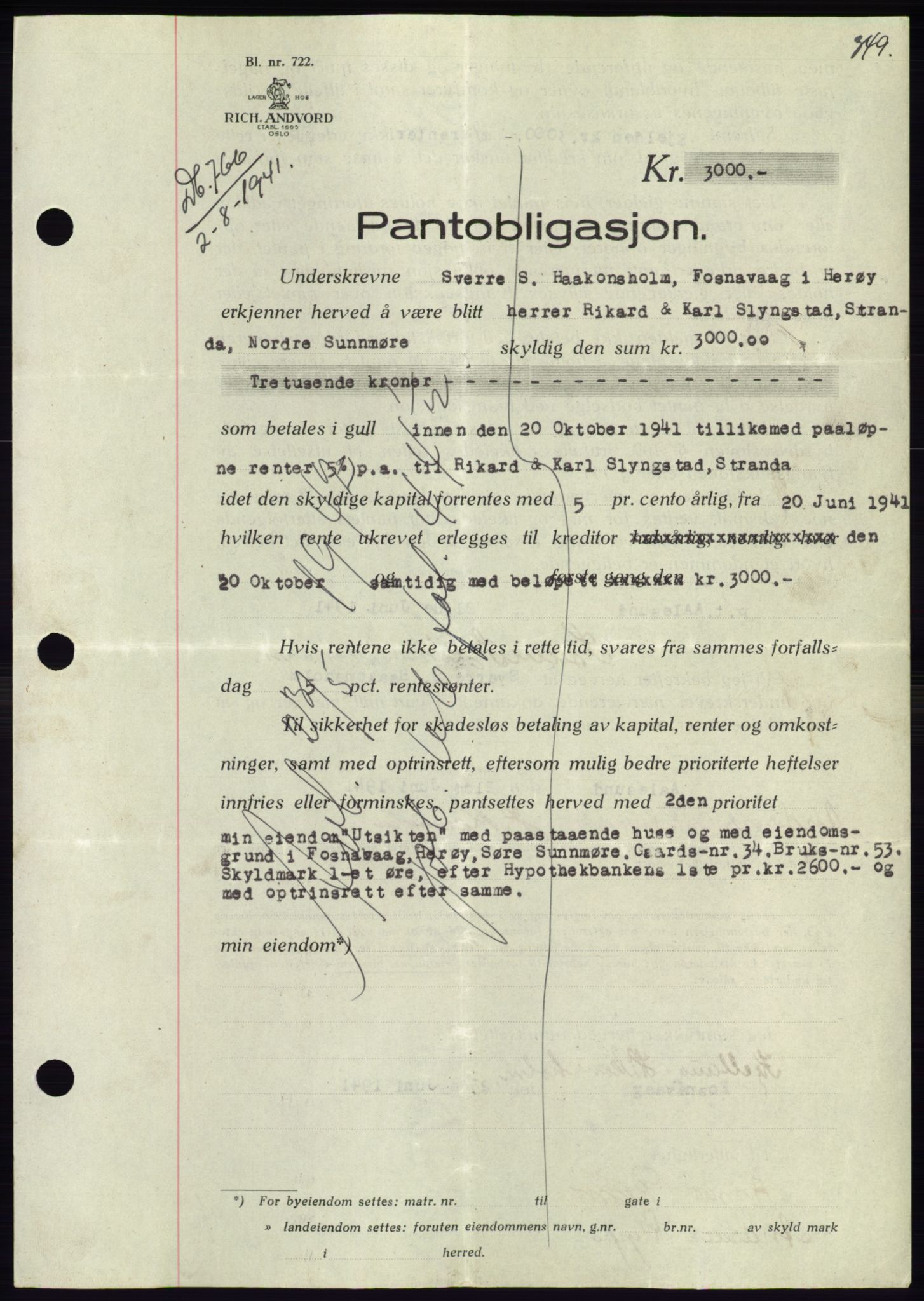 Søre Sunnmøre sorenskriveri, AV/SAT-A-4122/1/2/2C/L0071: Mortgage book no. 65, 1941-1941, Diary no: : 766/1941