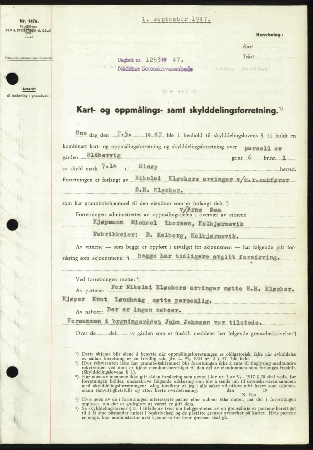 Nedenes sorenskriveri, SAK/1221-0006/G/Gb/Gba/L0058: Mortgage book no. A10, 1947-1948, Diary no: : 1253/1947